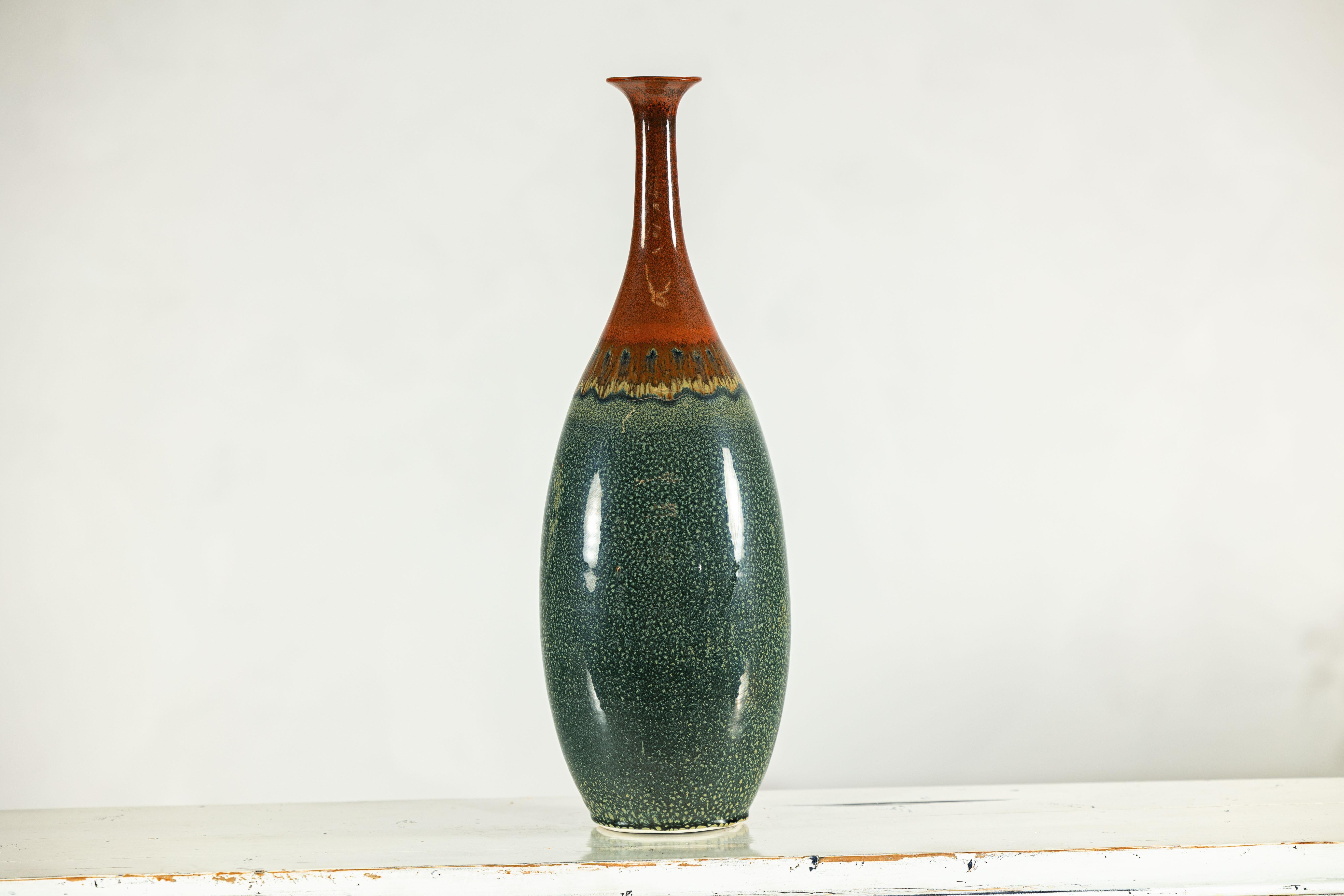 Tall Pottery Vase with Fluted Neck and Drip Glaze in Brown and Green im Angebot 13