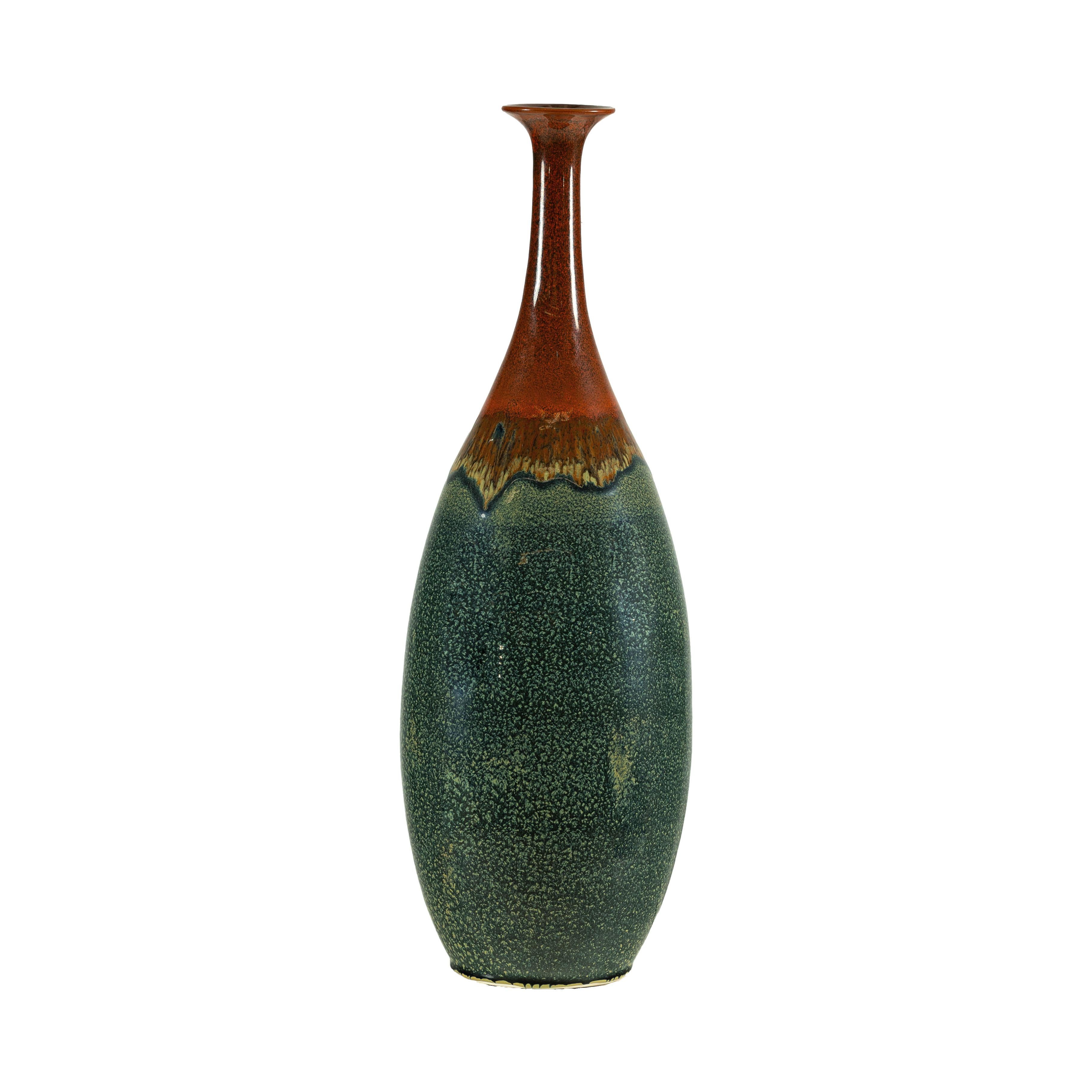Tall Pottery Vase with Fluted Neck and Drip Glaze in Brown and Green im Angebot 14