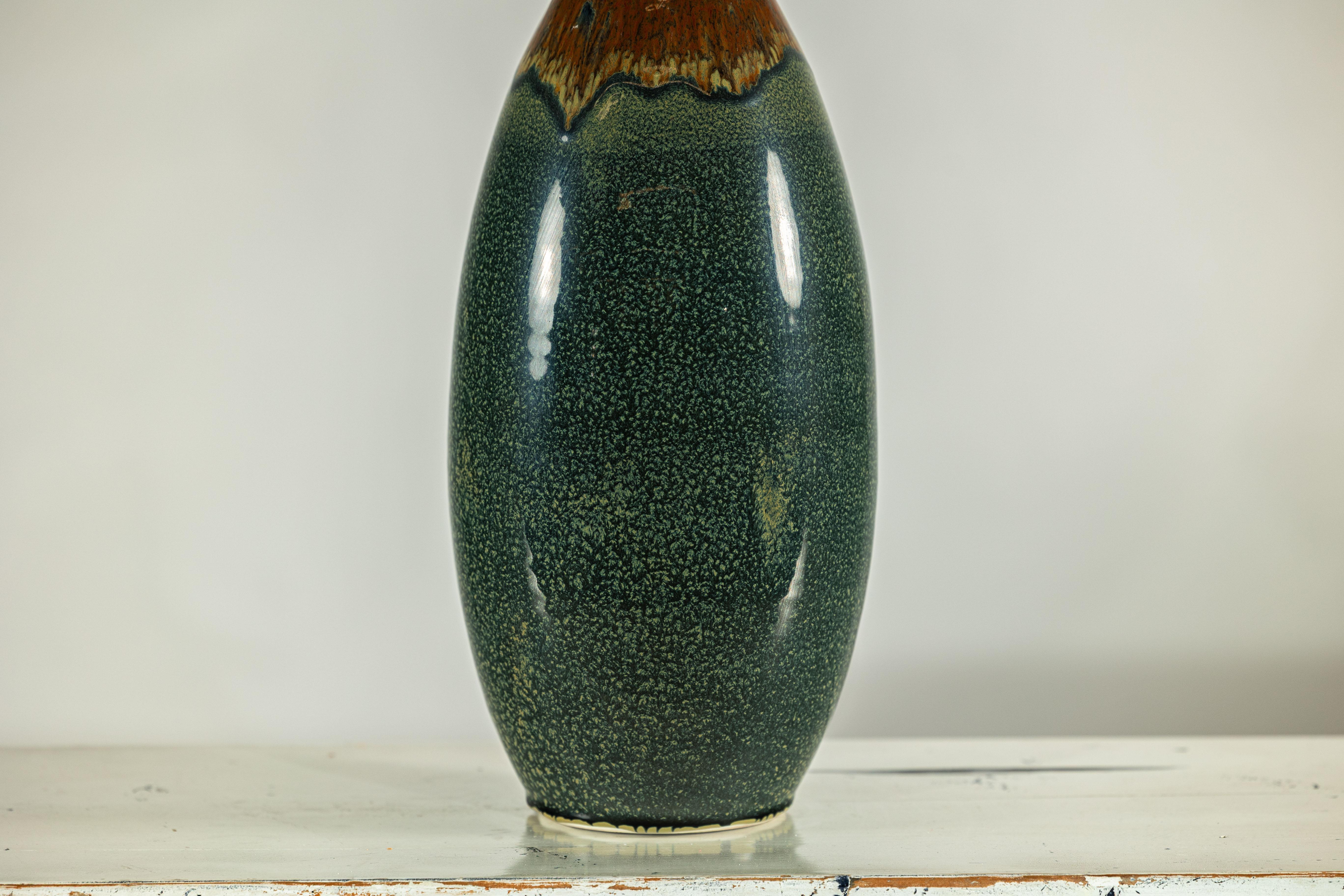 Tall Pottery Vase with Fluted Neck and Drip Glaze in Brown and Green im Angebot 1