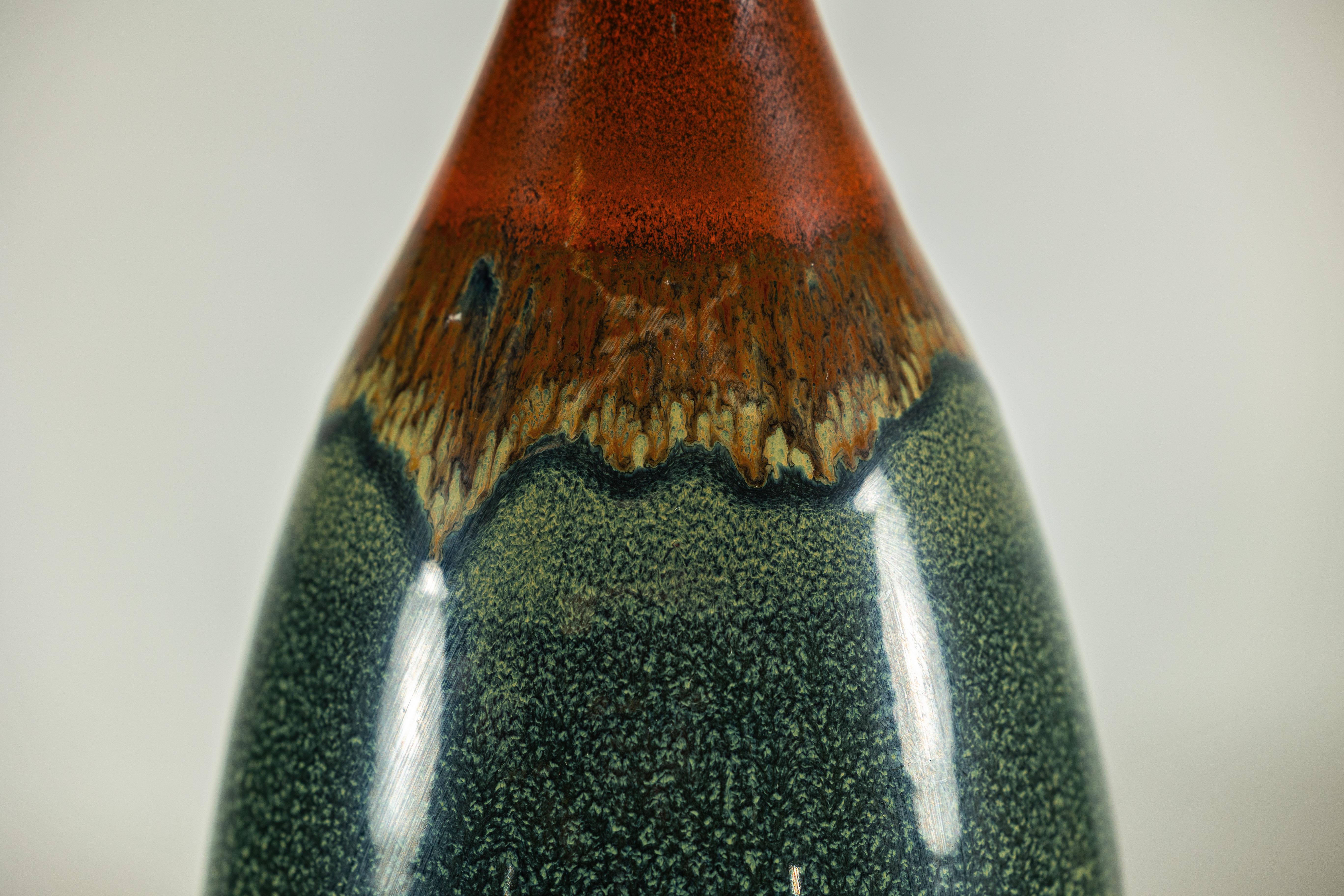 Tall Pottery Vase with Fluted Neck and Drip Glaze in Brown and Green im Angebot 2