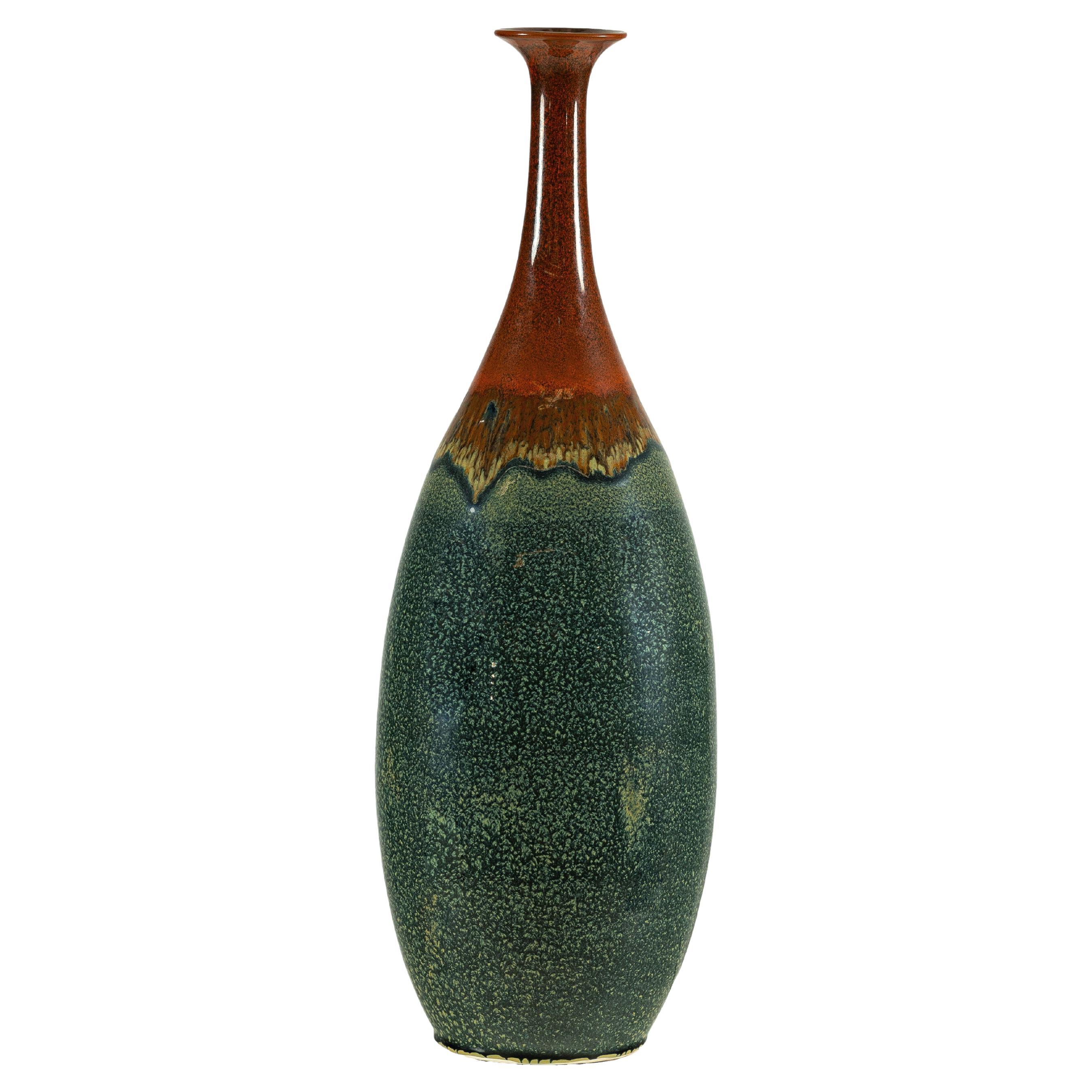 Tall Pottery Vase with Fluted Neck and Drip Glaze in Brown and Green im Angebot