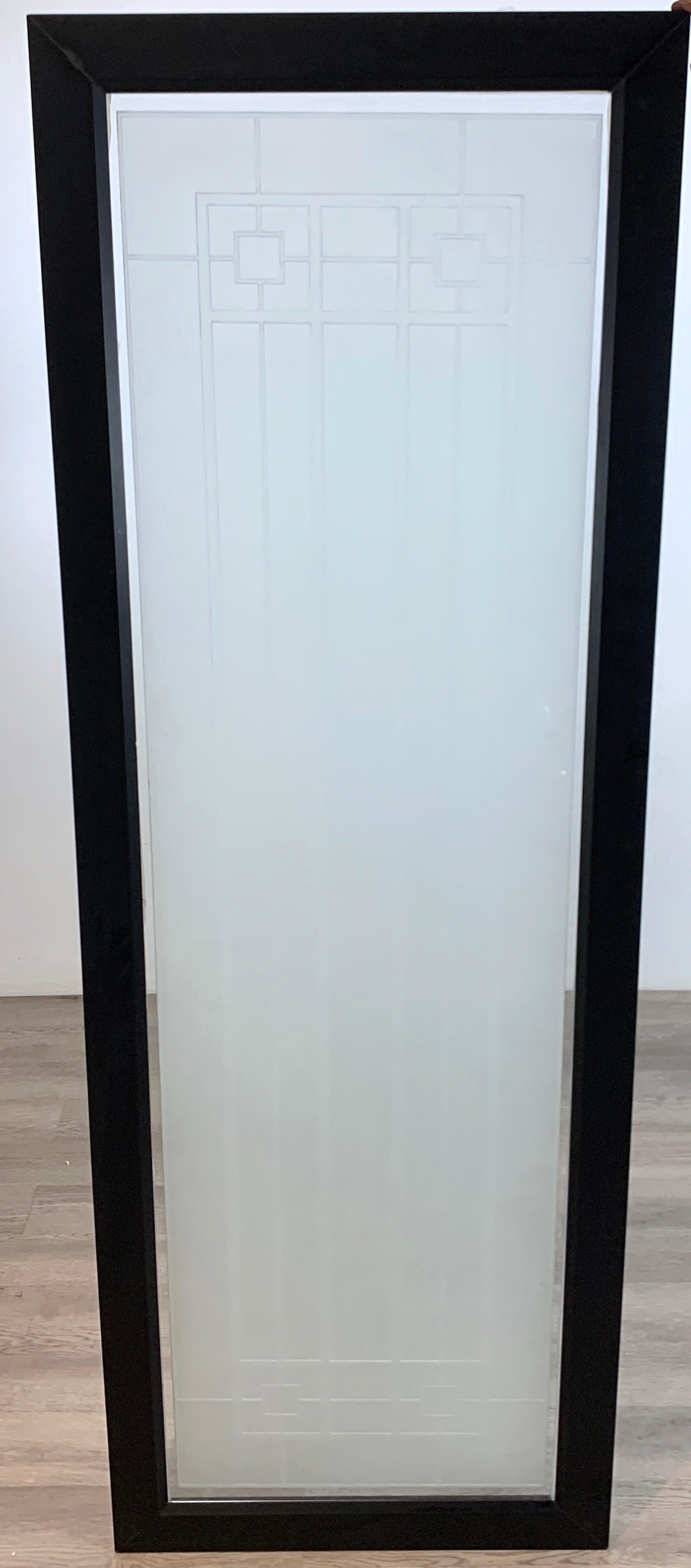 Tall prairie style frosted glass window, Frank Lloyd wright style, 4 available
Hard to photograph, great size and scale, subtle beauty, each one housed in a blackened wood frame, ready to hang or re-install 
Measures: Glass panel 19