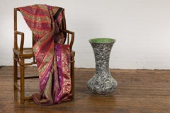 Black and White Splatter Ceramic Trumpet Vase with Green Glazed Interior