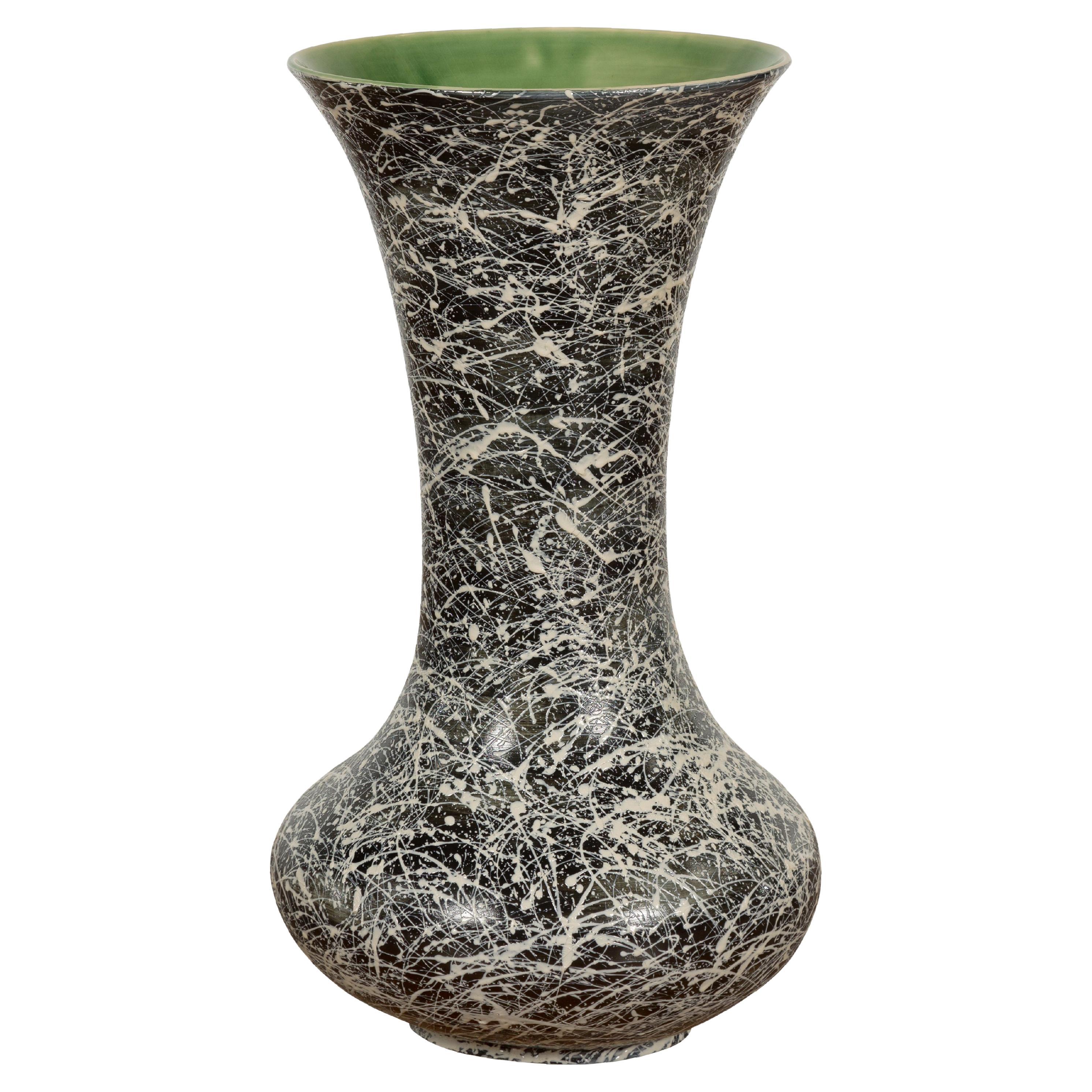 Black and White Splatter Ceramic Trumpet Vase with Green Glazed Interior For Sale