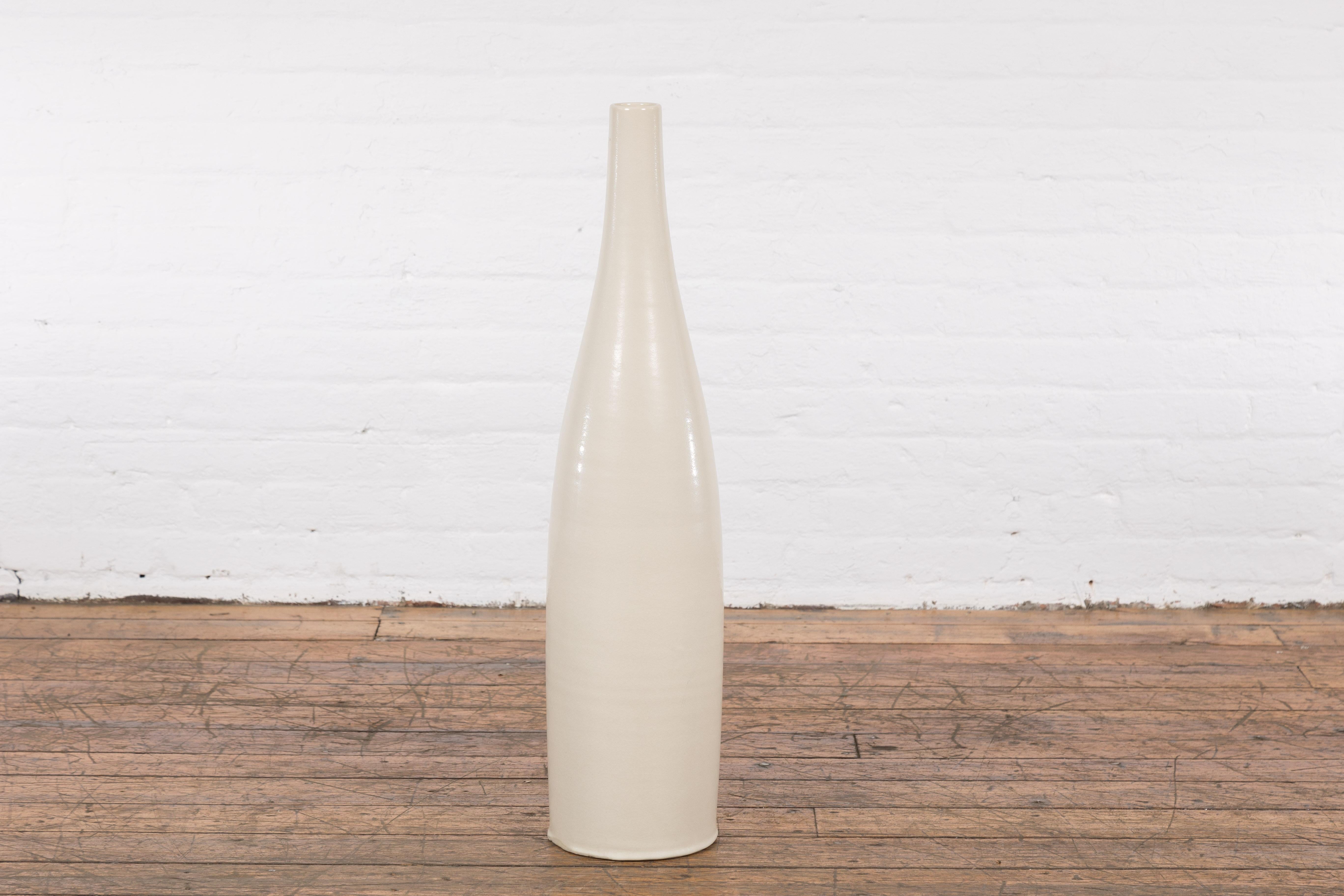 Tall Prem Collection Handmade Artisan Cream Glaze Vase with Slender Lines For Sale 6