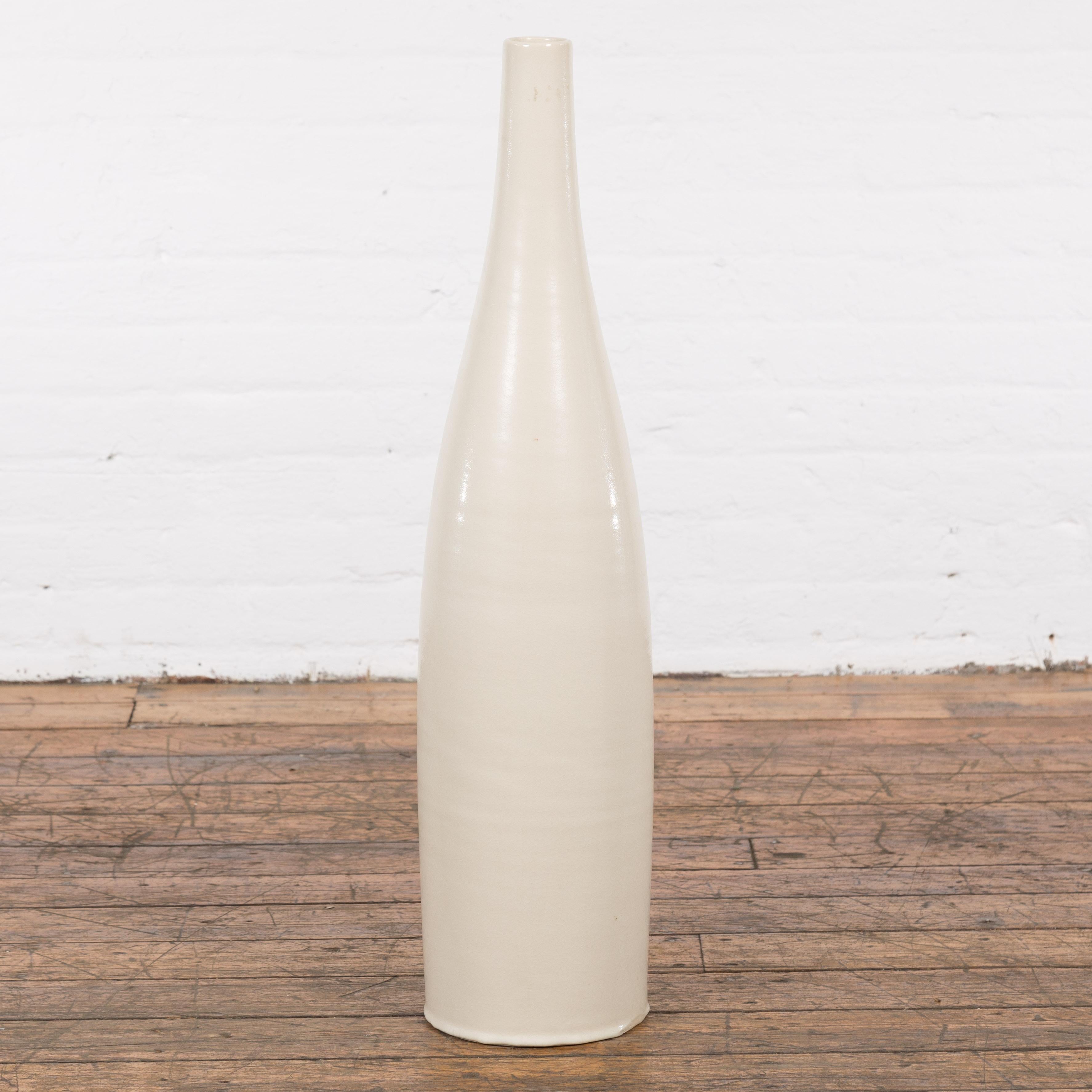 Tall Prem Collection Handmade Artisan Cream Glaze Vase with Slender Lines For Sale 7