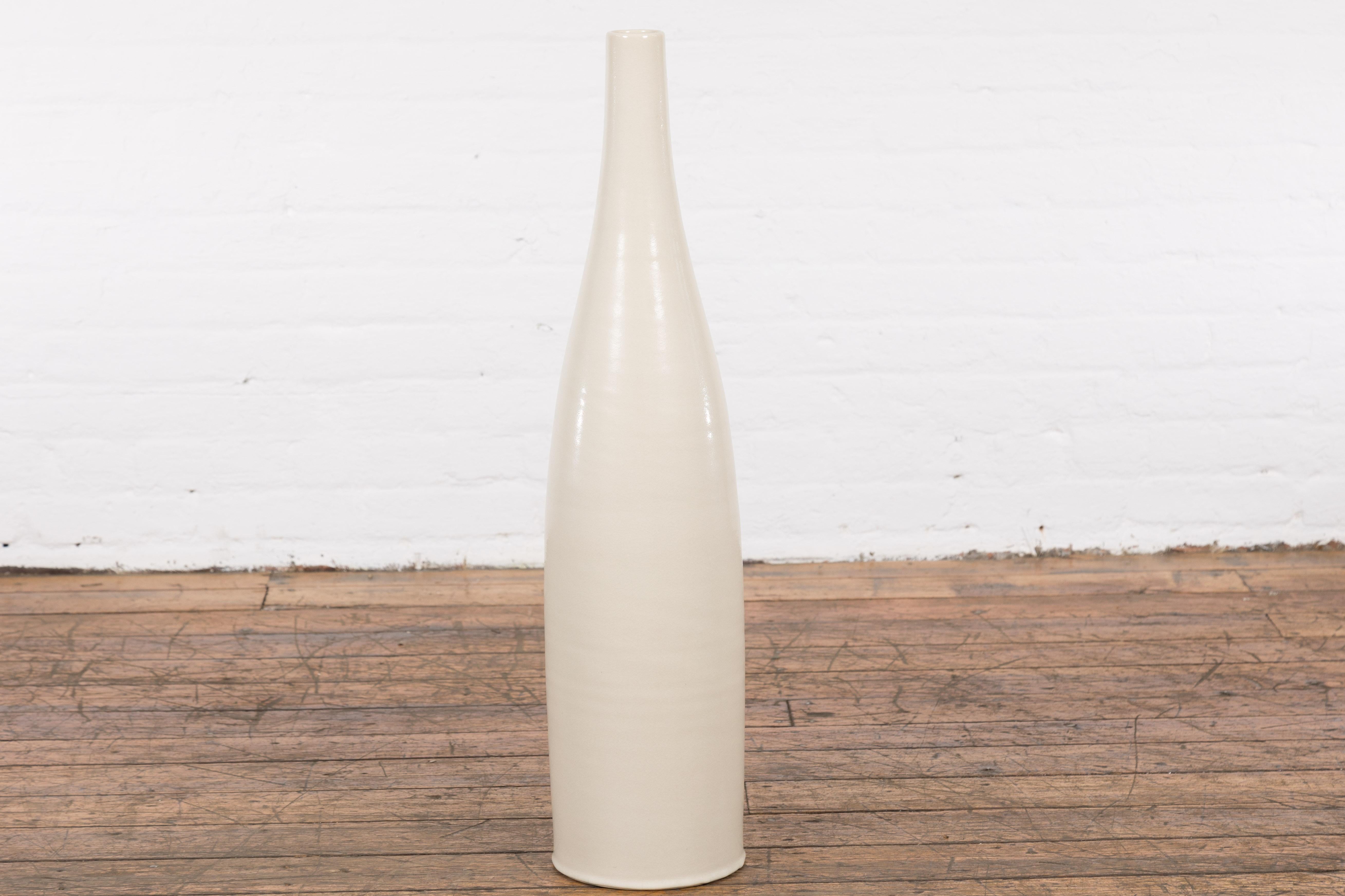 Tall Prem Collection Handmade Artisan Cream Glaze Vase with Slender Lines For Sale 8