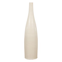 Tall Cream Glazed Bottle-Form Vase with Subtle Hand-Thrown Lines