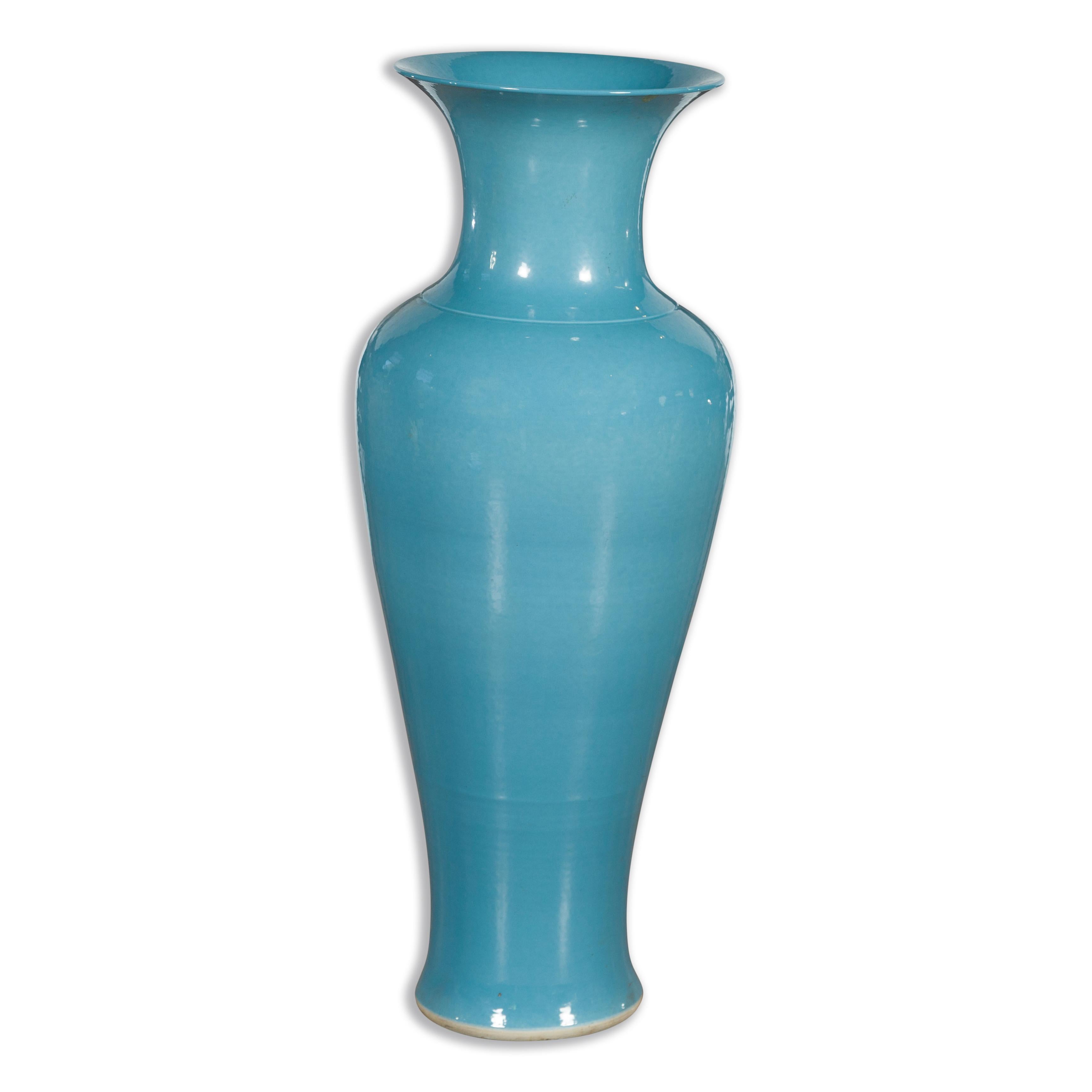 Tall Prem Collection Soft Blue Glazed Artisan Ceramic Vase with Flaring Neck For Sale 5