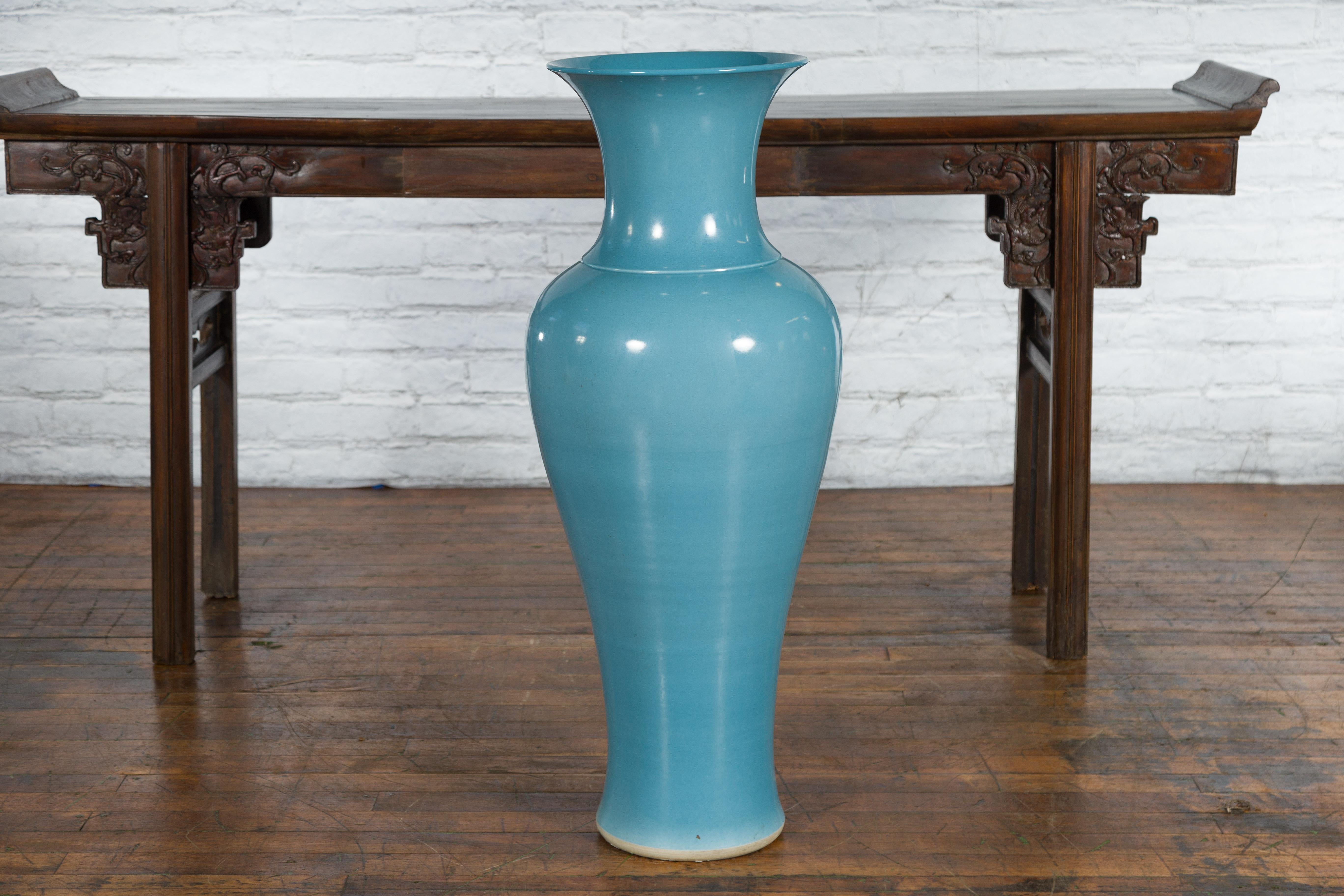 Tall Prem Collection Soft Blue Glazed Artisan Ceramic Vase with Flaring Neck For Sale 6