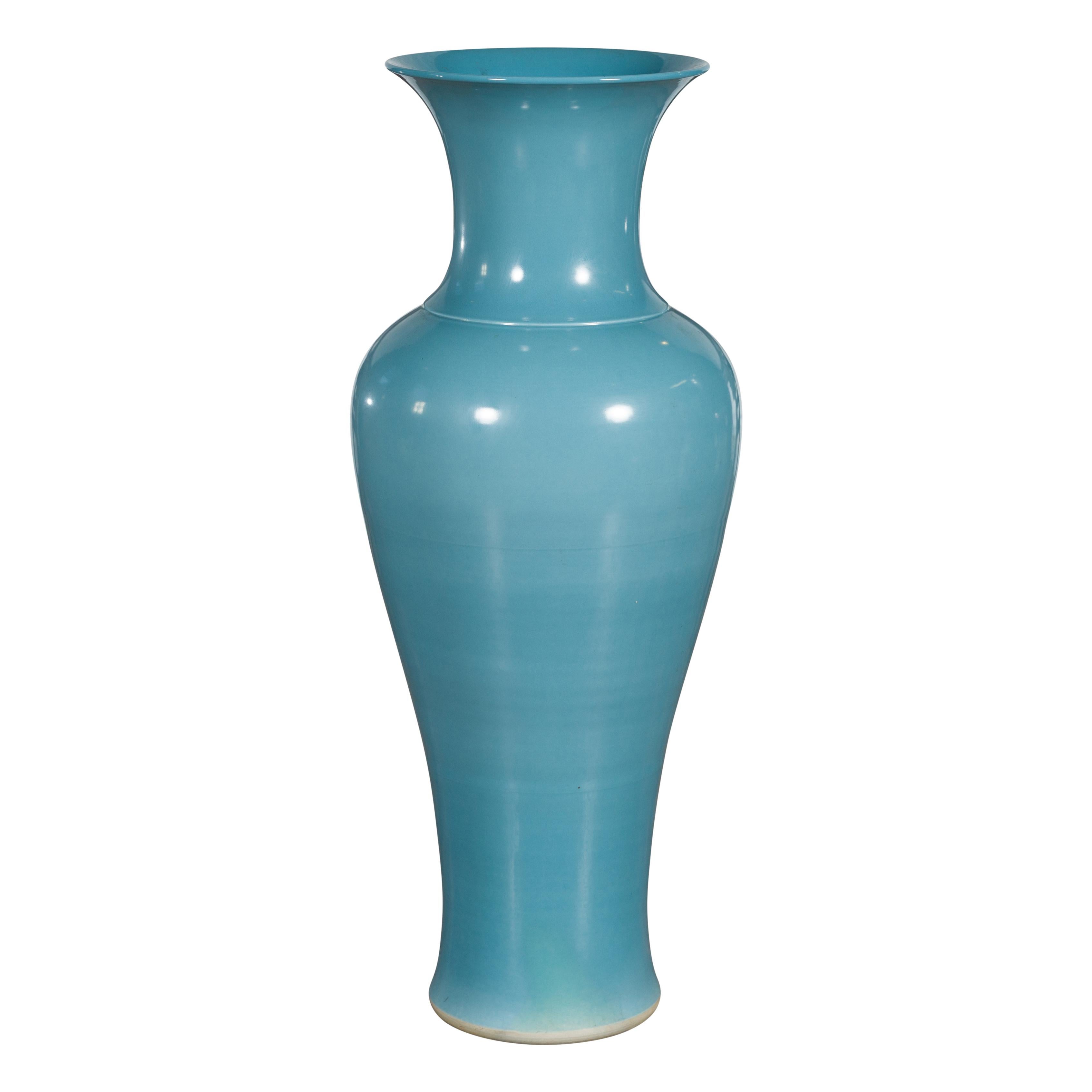 Tall Prem Collection Soft Blue Glazed Artisan Ceramic Vase with Flaring Neck For Sale 9