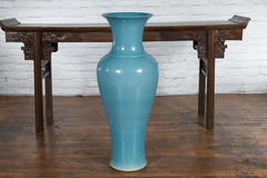Tall Prem Collection Soft Blue Glazed Artisan Ceramic Vase with Flaring Neck