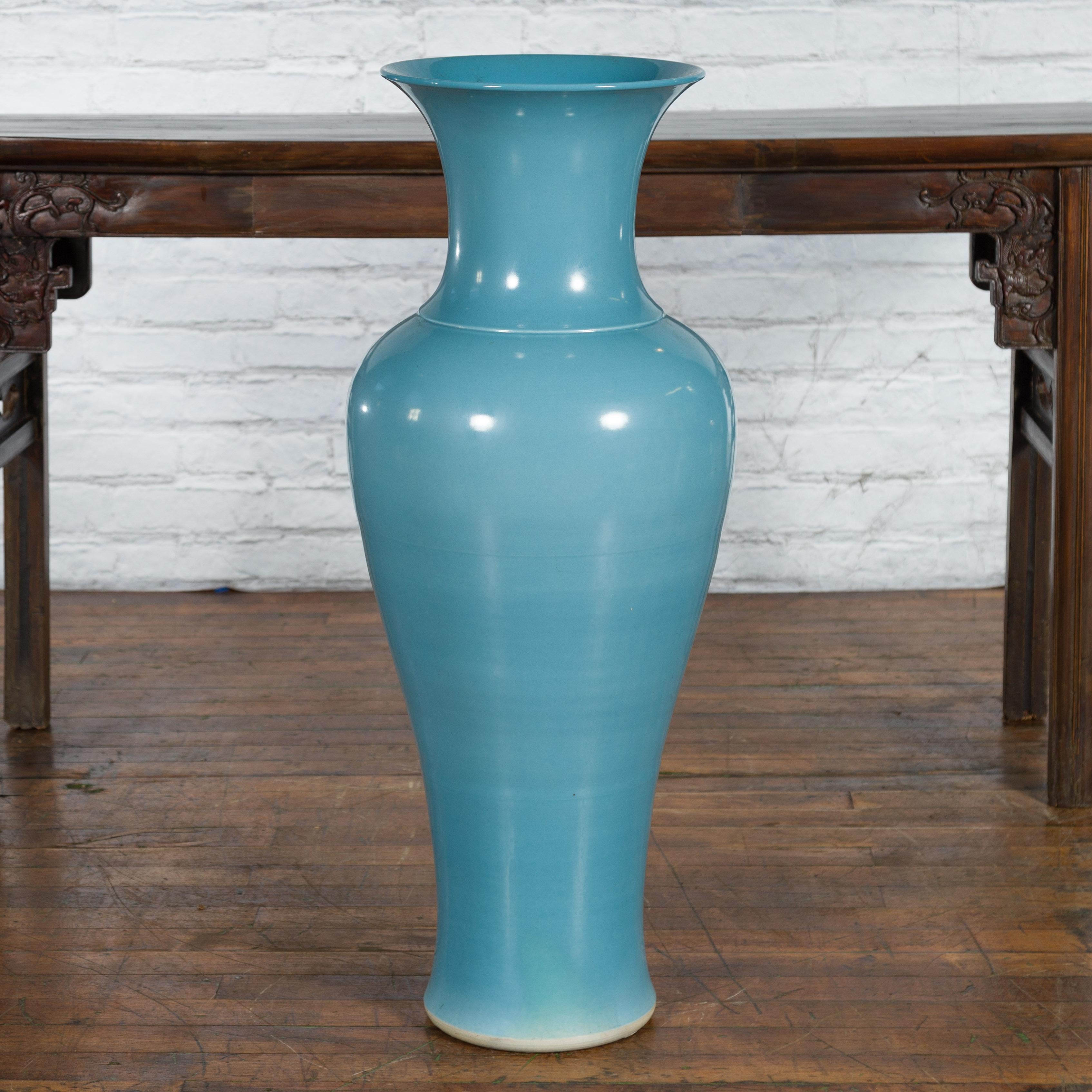 Thai Tall Prem Collection Soft Blue Glazed Artisan Ceramic Vase with Flaring Neck For Sale