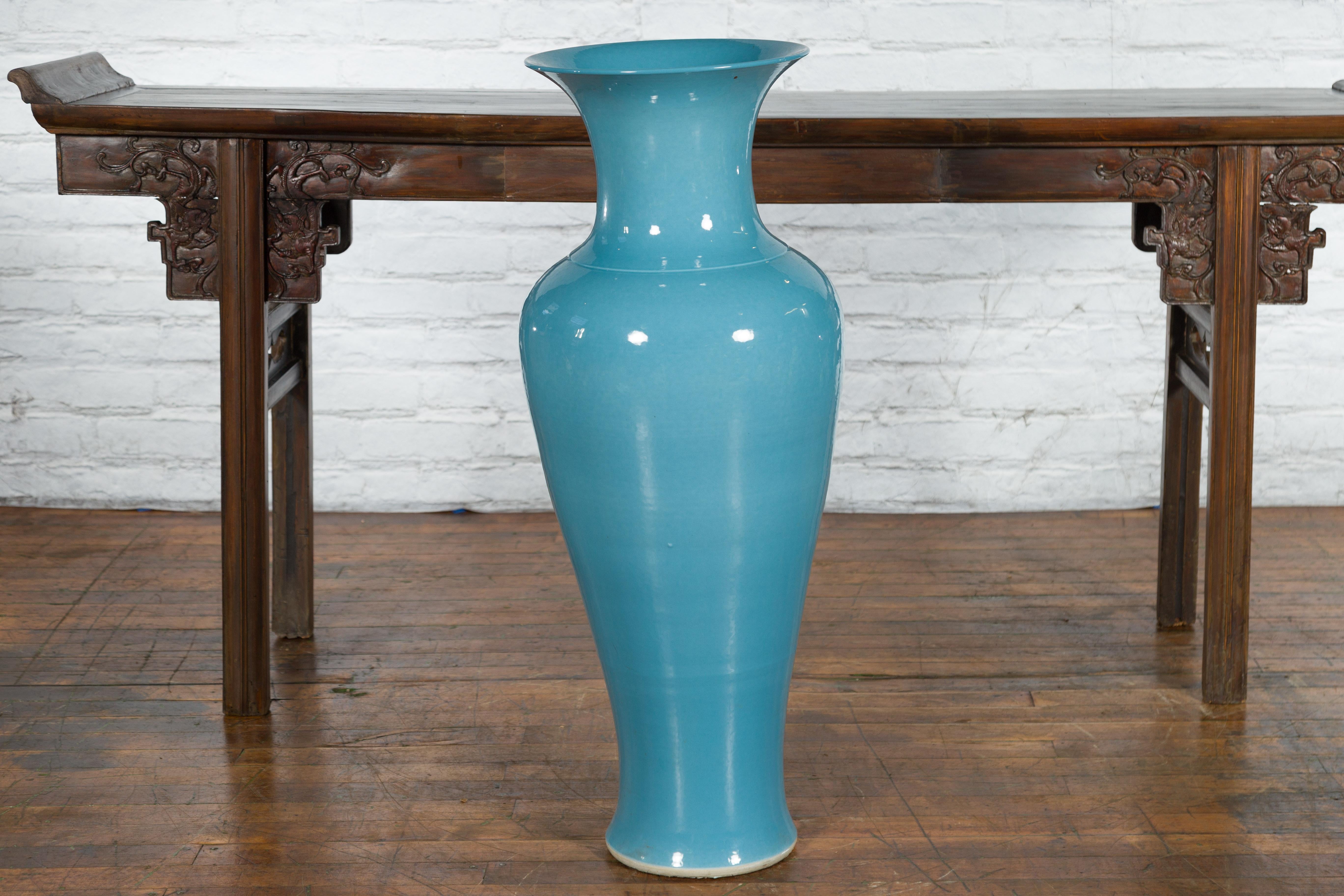 Thai Tall Prem Collection Soft Blue Glazed Artisan Ceramic Vase with Flaring Neck For Sale