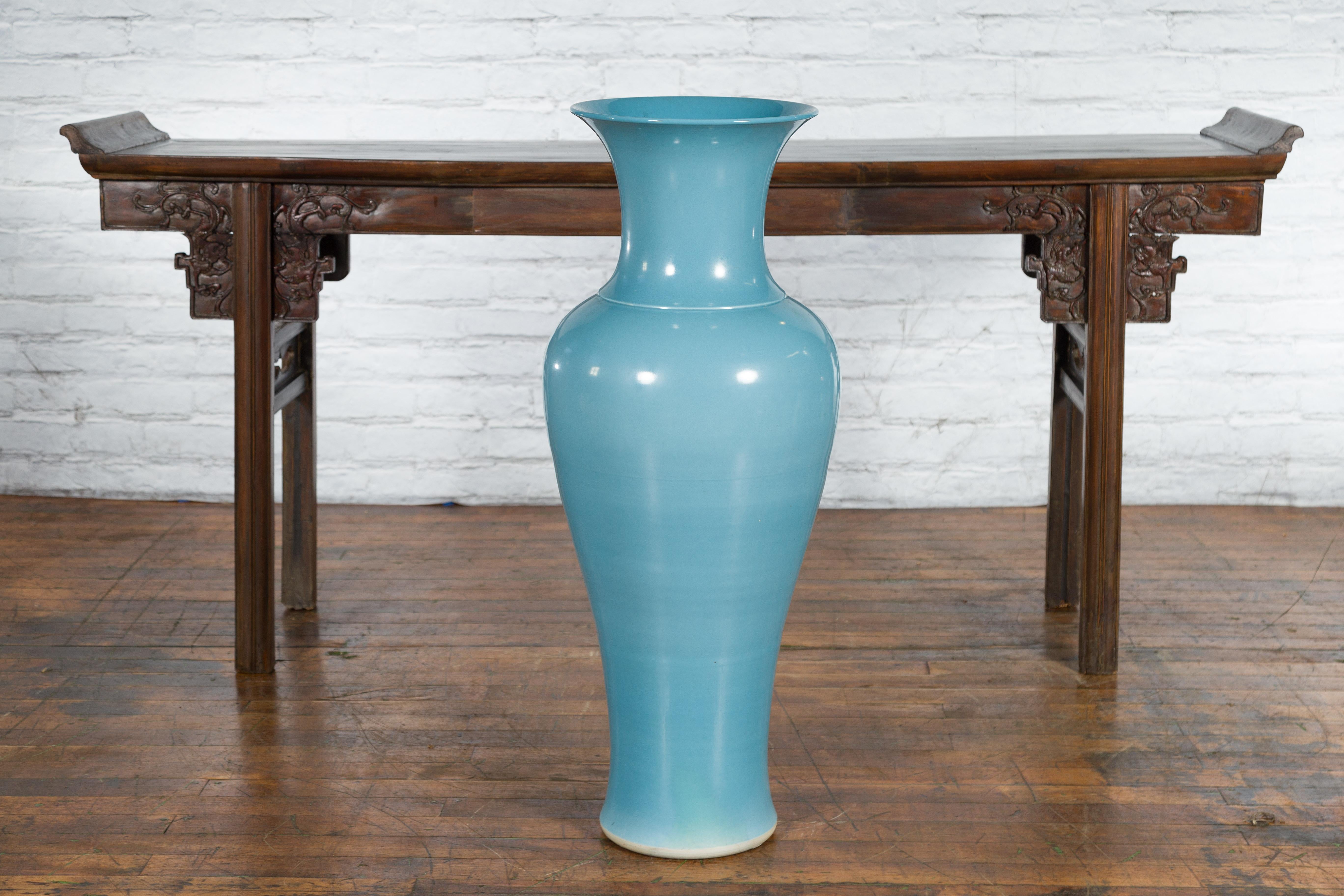 Tall Prem Collection Soft Blue Glazed Artisan Ceramic Vase with Flaring Neck In Good Condition For Sale In Yonkers, NY