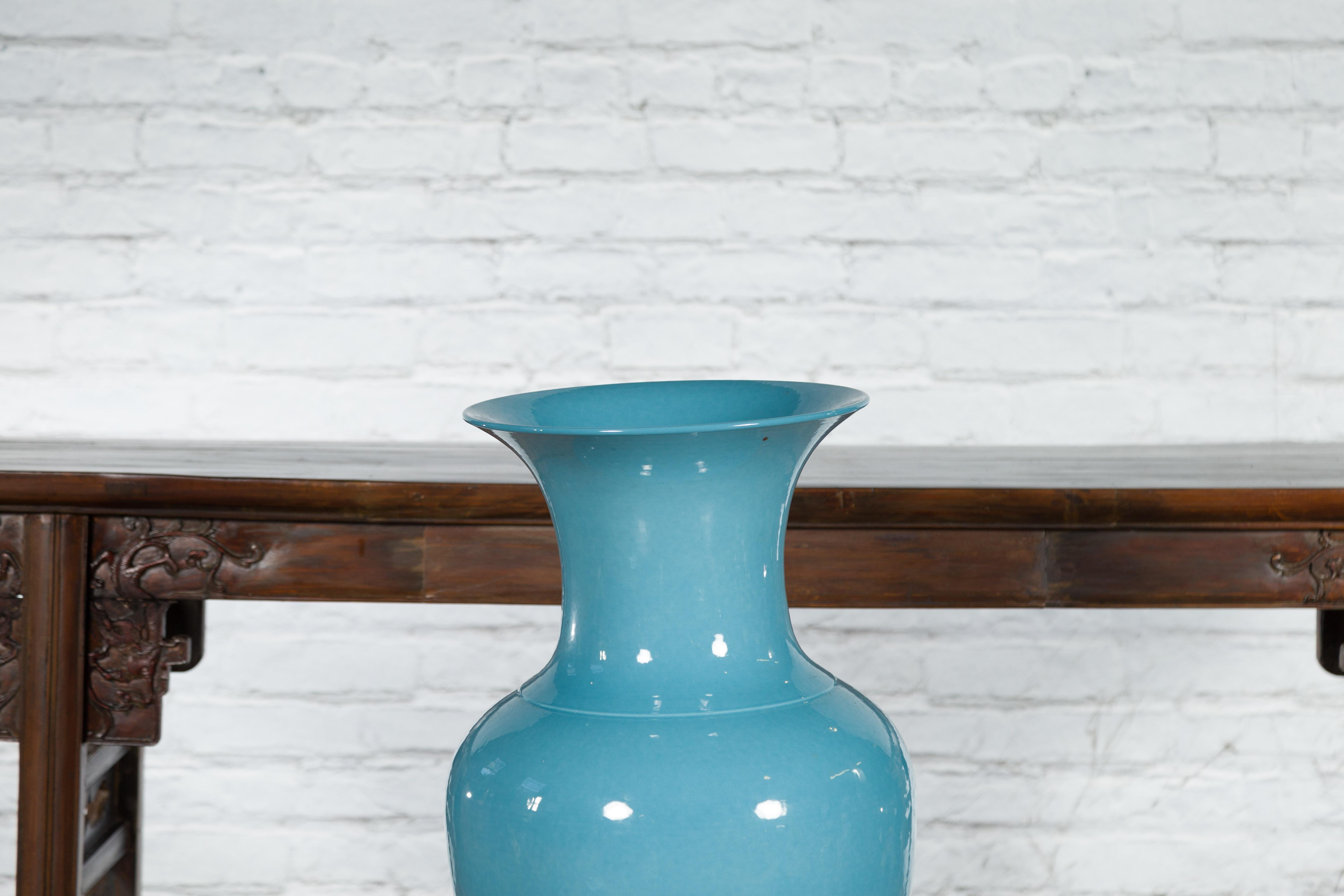 Tall Prem Collection Soft Blue Glazed Artisan Ceramic Vase with Flaring Neck In Good Condition For Sale In Yonkers, NY