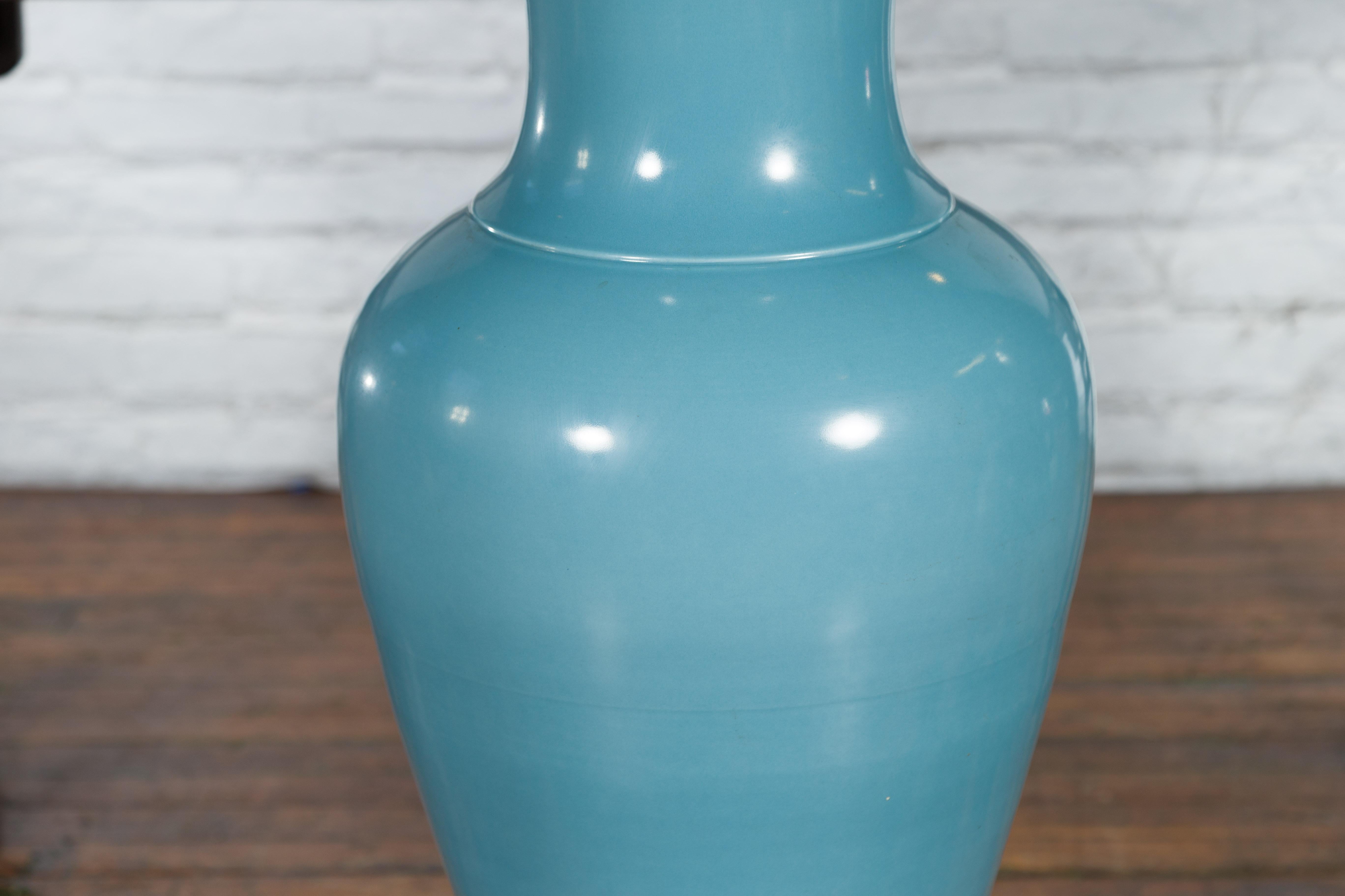 Tall Prem Collection Soft Blue Glazed Artisan Ceramic Vase with Flaring Neck For Sale 1