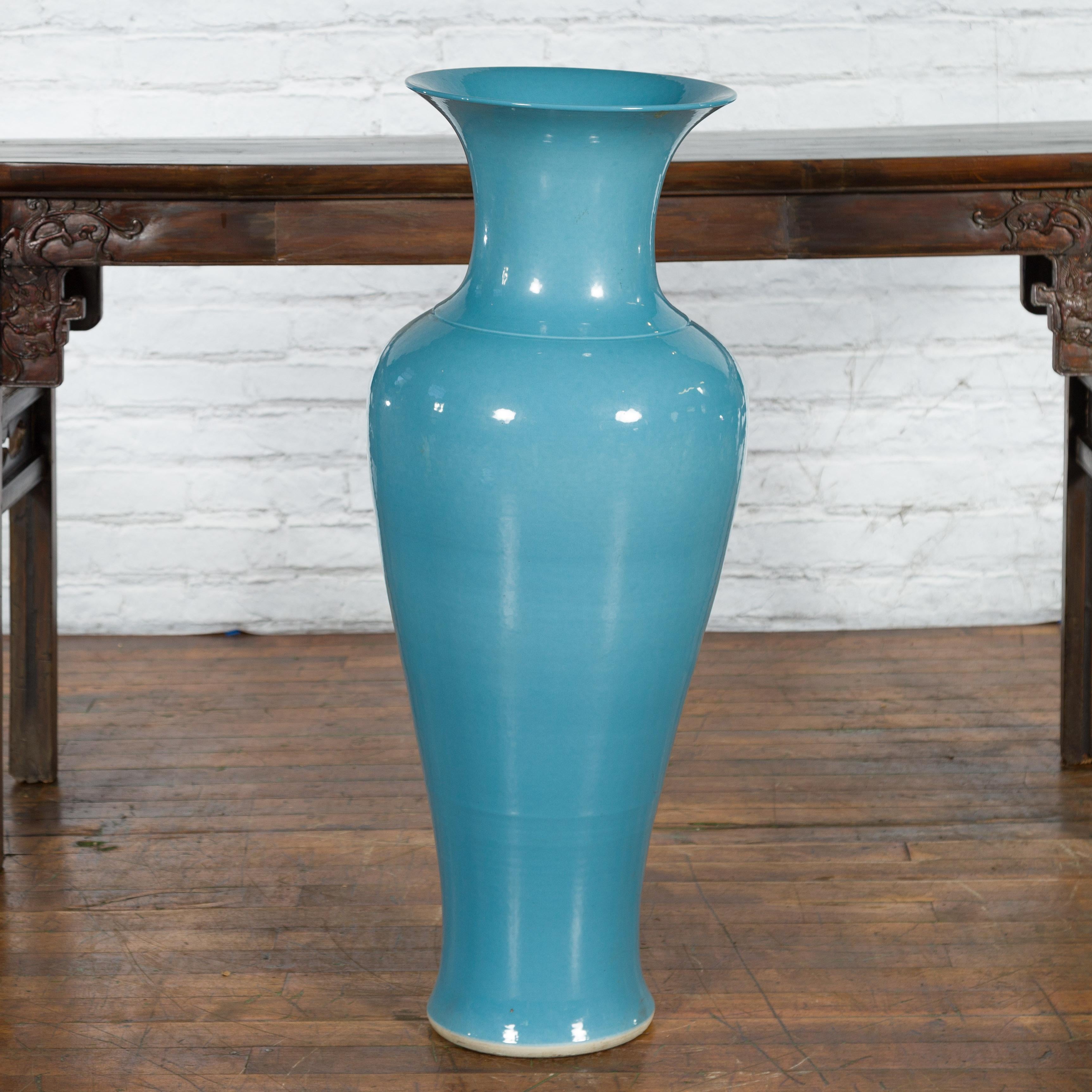 Tall Prem Collection Soft Blue Glazed Artisan Ceramic Vase with Flaring Neck For Sale 1