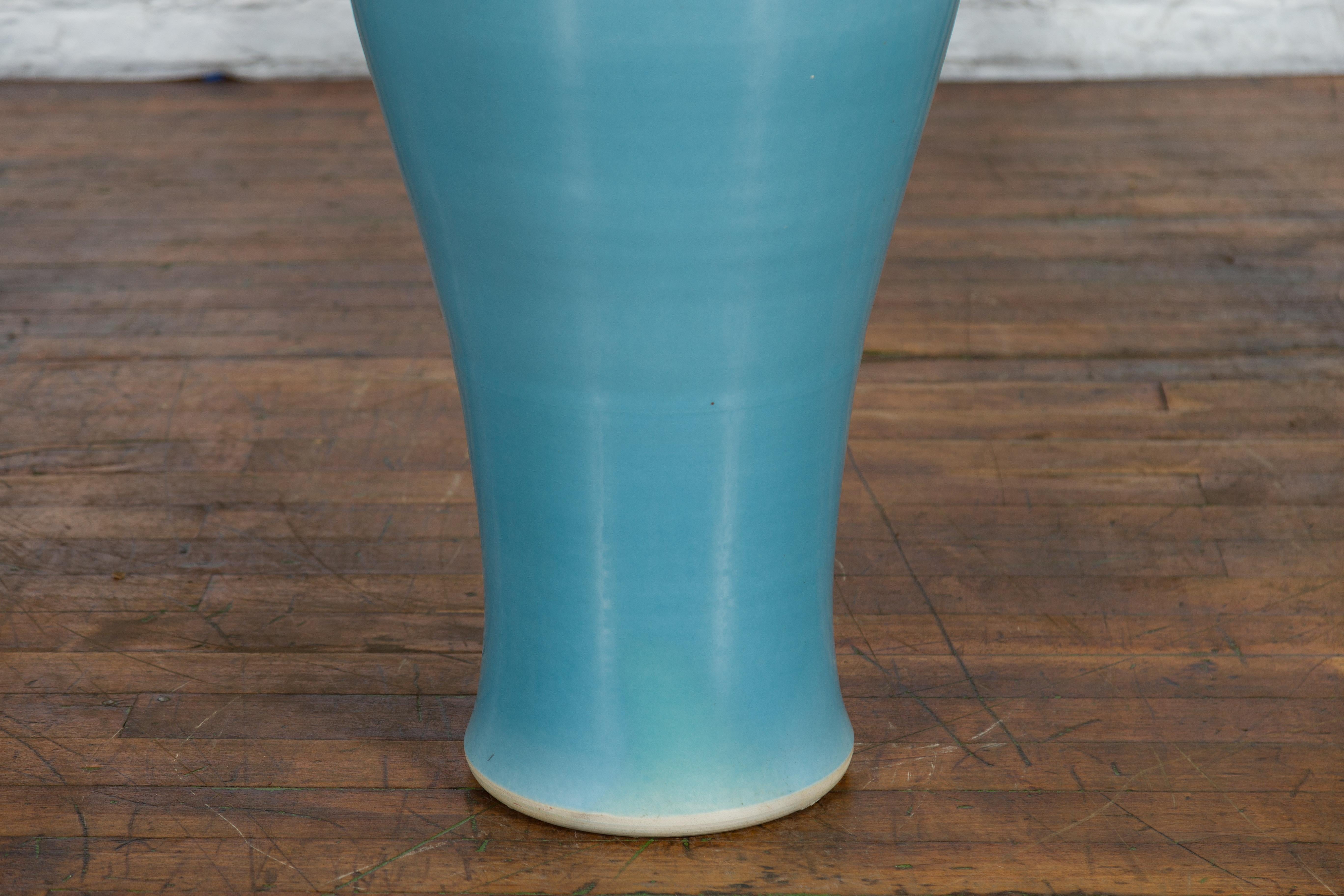 Tall Prem Collection Soft Blue Glazed Artisan Ceramic Vase with Flaring Neck For Sale 2