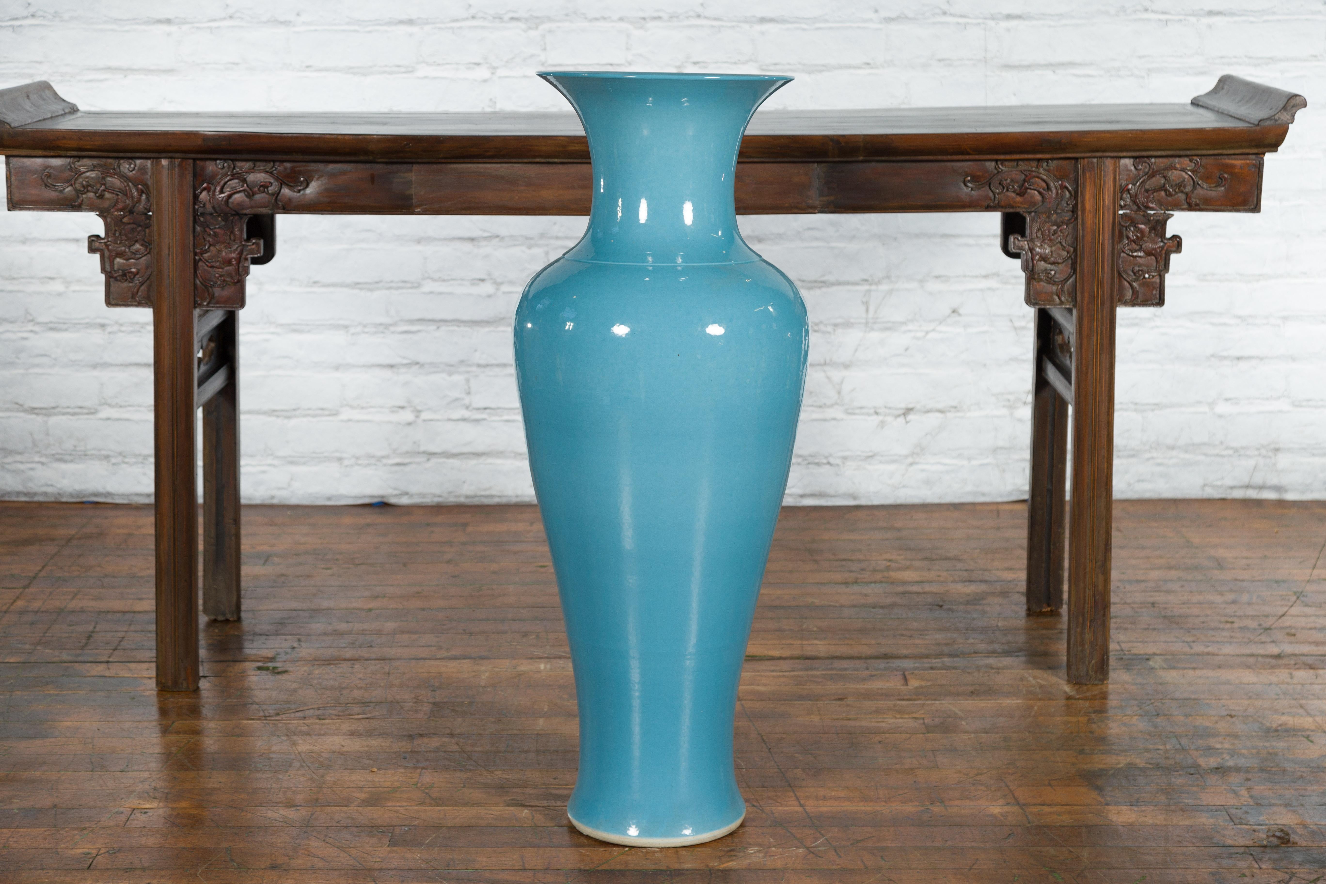 Tall Prem Collection Soft Blue Glazed Artisan Ceramic Vase with Flaring Neck For Sale 2