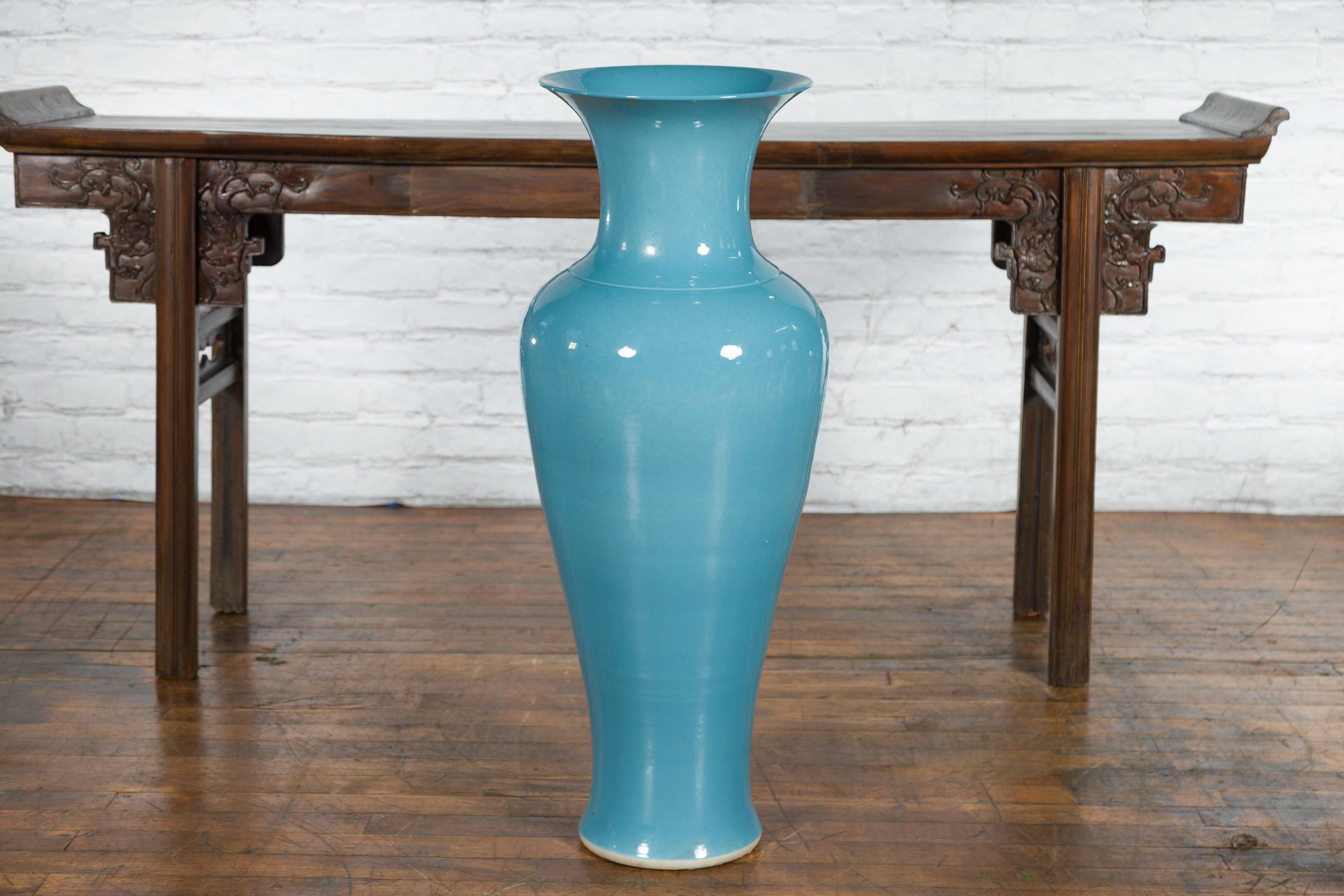 Tall Prem Collection Soft Blue Glazed Artisan Ceramic Vase with Flaring Neck For Sale 3