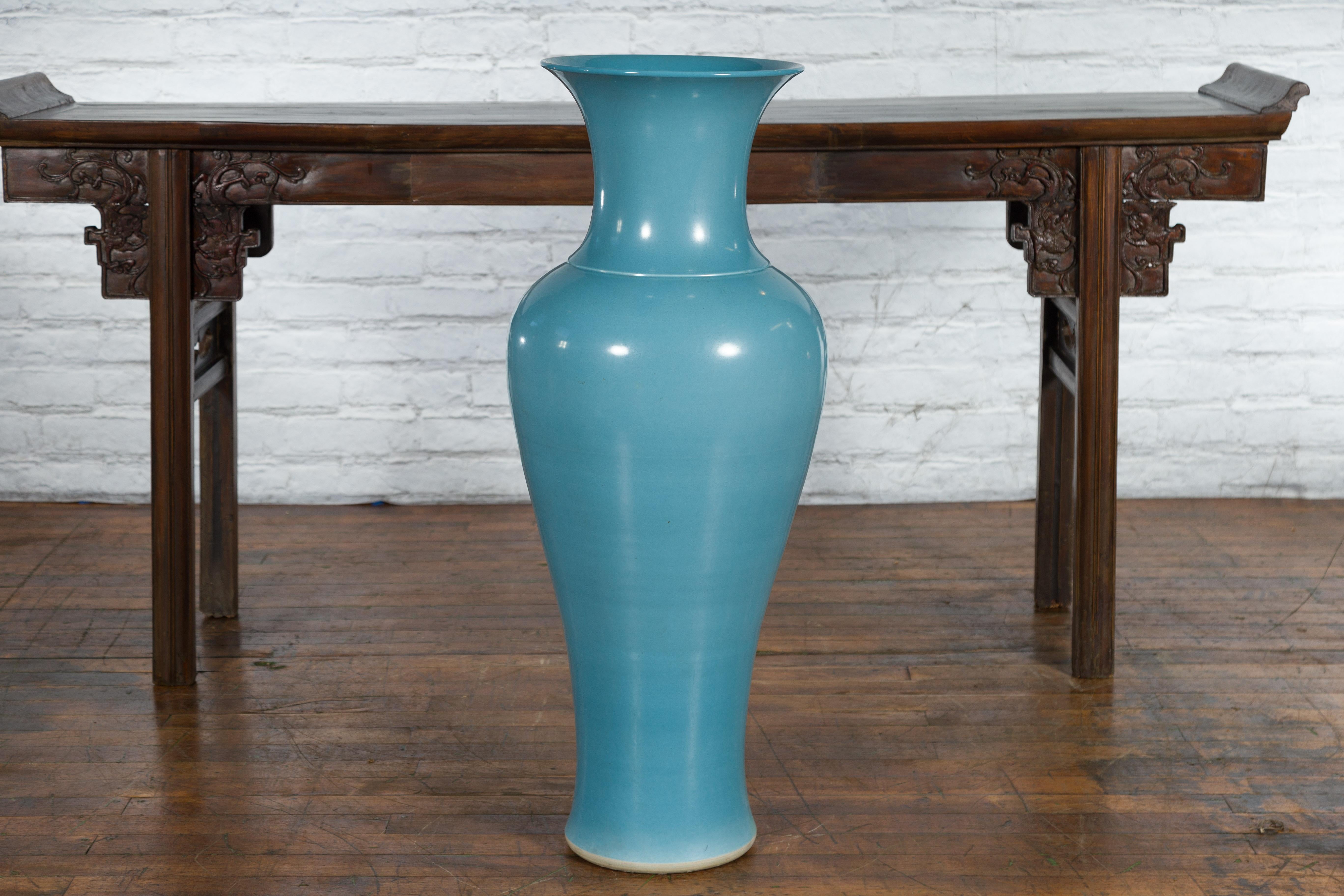 Tall Prem Collection Soft Blue Glazed Artisan Ceramic Vase with Flaring Neck For Sale 4