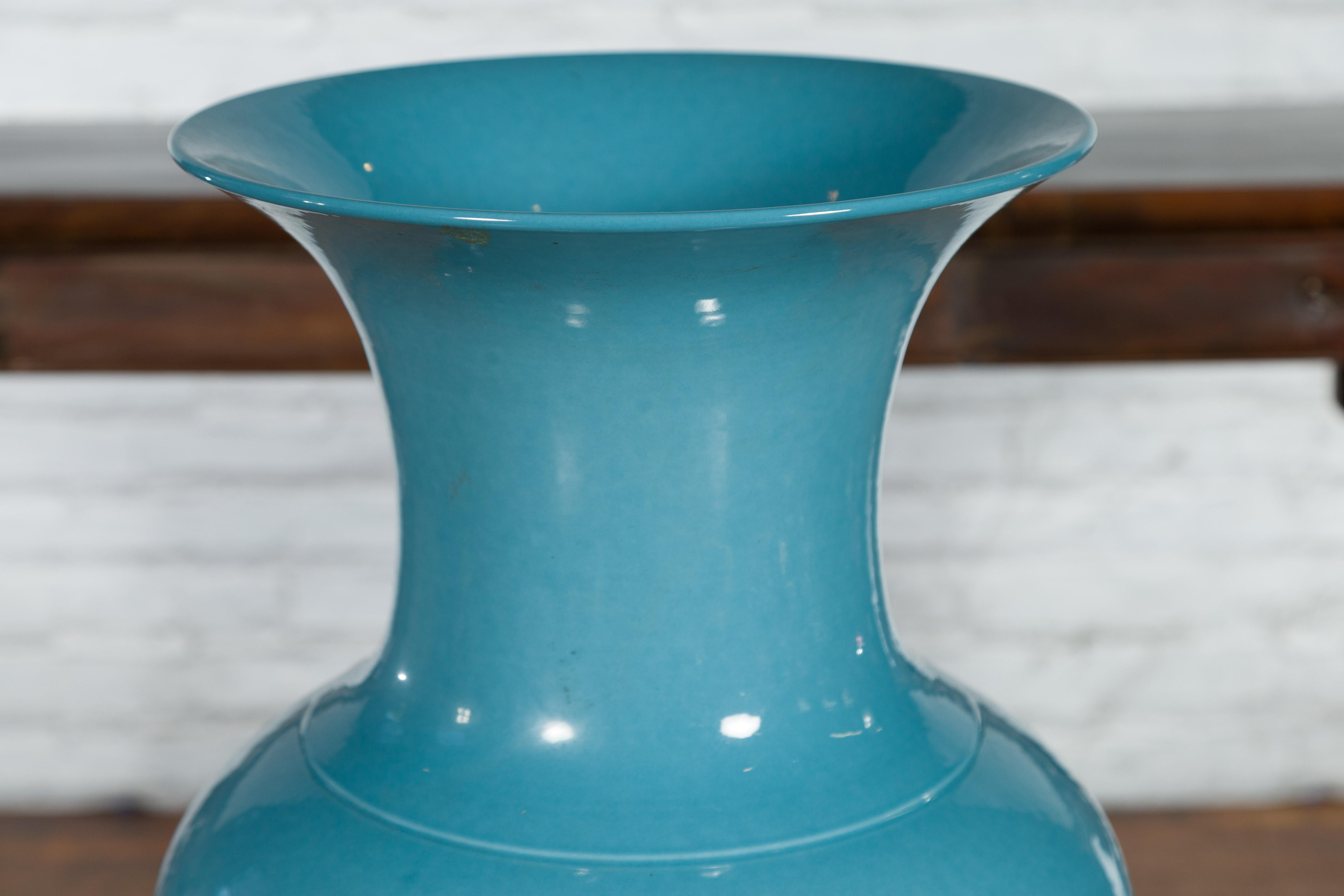 Tall Prem Collection Soft Blue Glazed Artisan Ceramic Vase with Flaring Neck For Sale 4