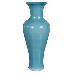 Vintage Tall Prem Collection Soft Blue Glazed Artisan Ceramic Vase with Flaring Neck