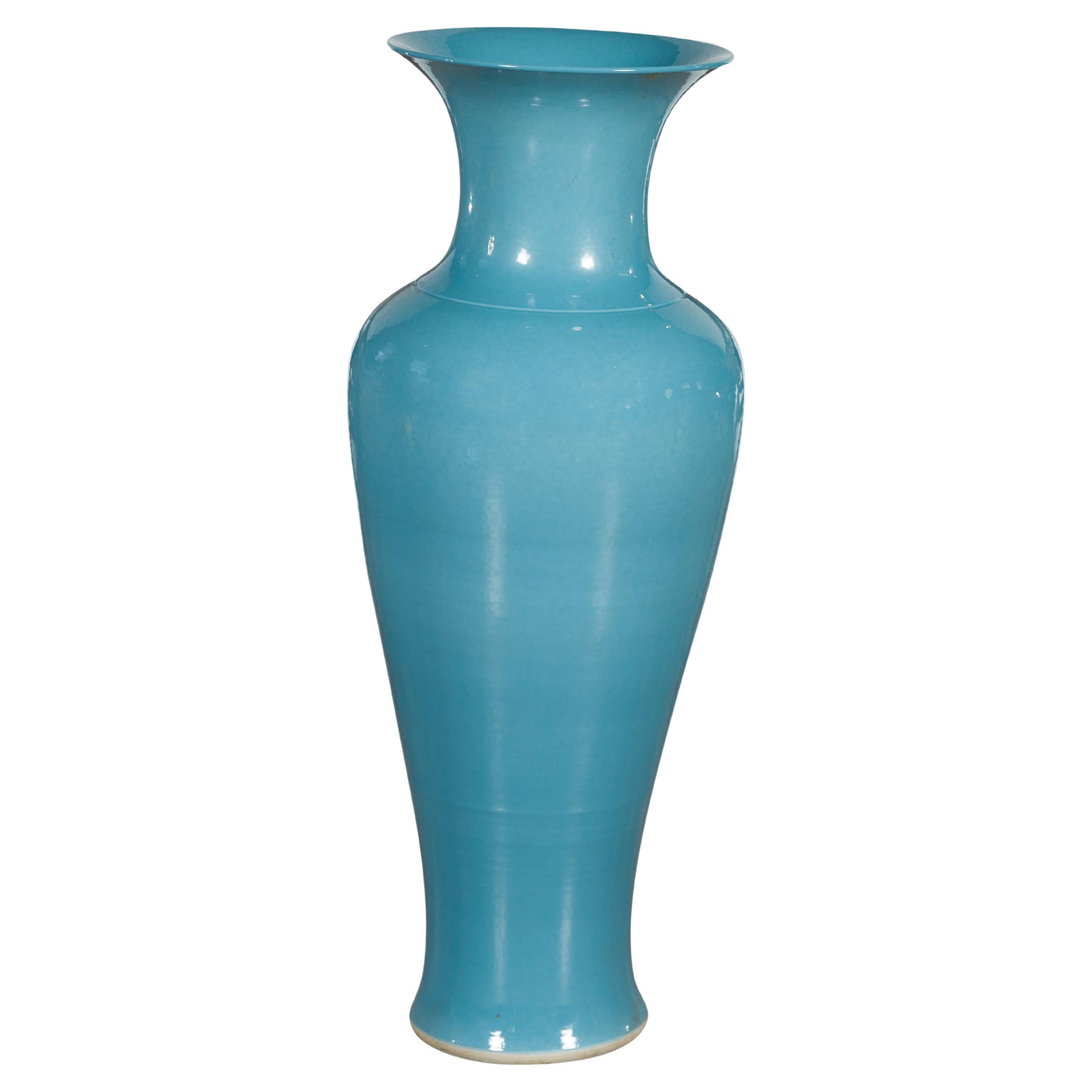 Tall Prem Collection Soft Blue Glazed Artisan Ceramic Vase with Flaring Neck For Sale