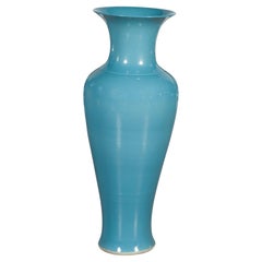 Vintage Tall Prem Collection Soft Blue Glazed Artisan Ceramic Vase with Flaring Neck