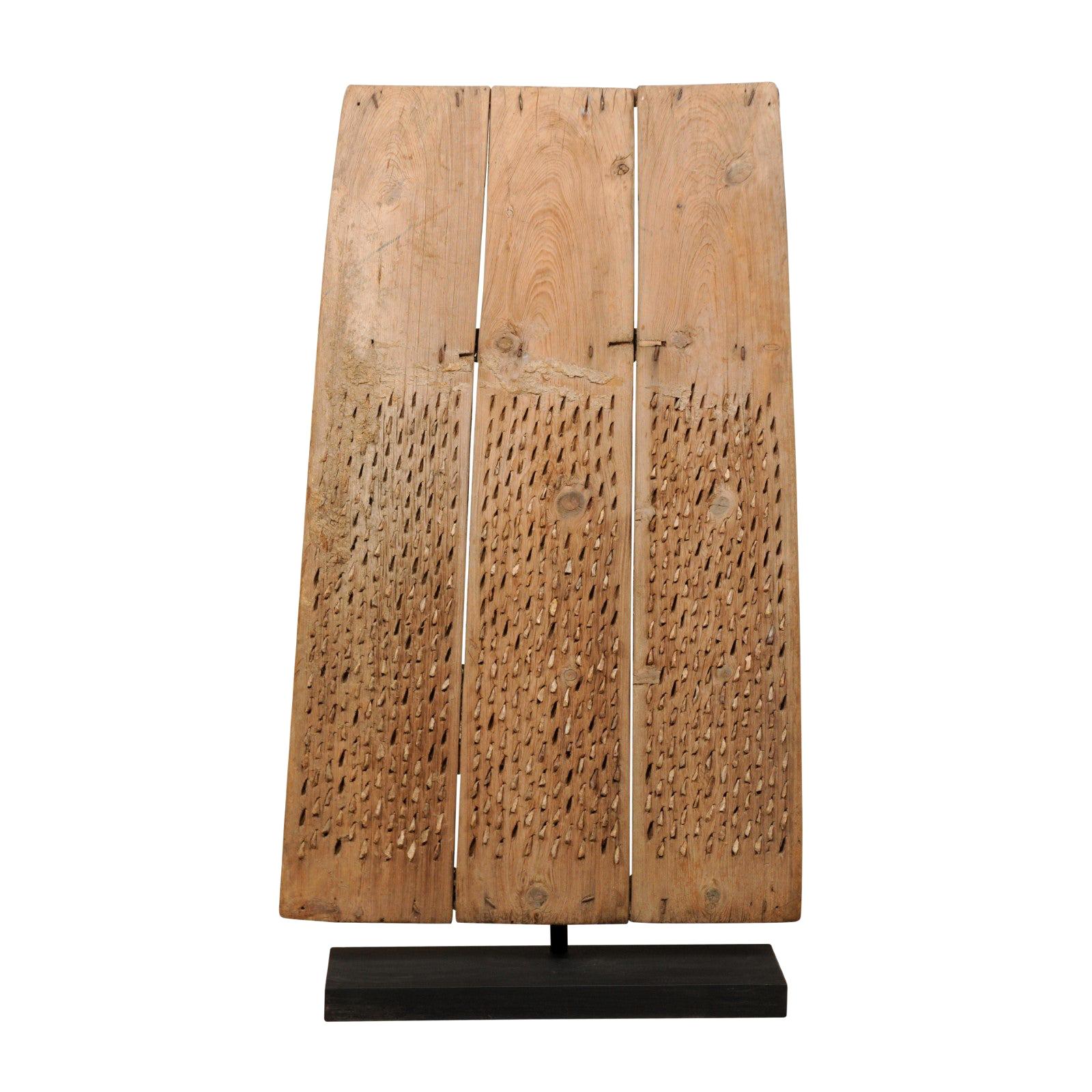 Tall Primitive-Style Turkish Carved Wood Threshing Board, Early 20th C.