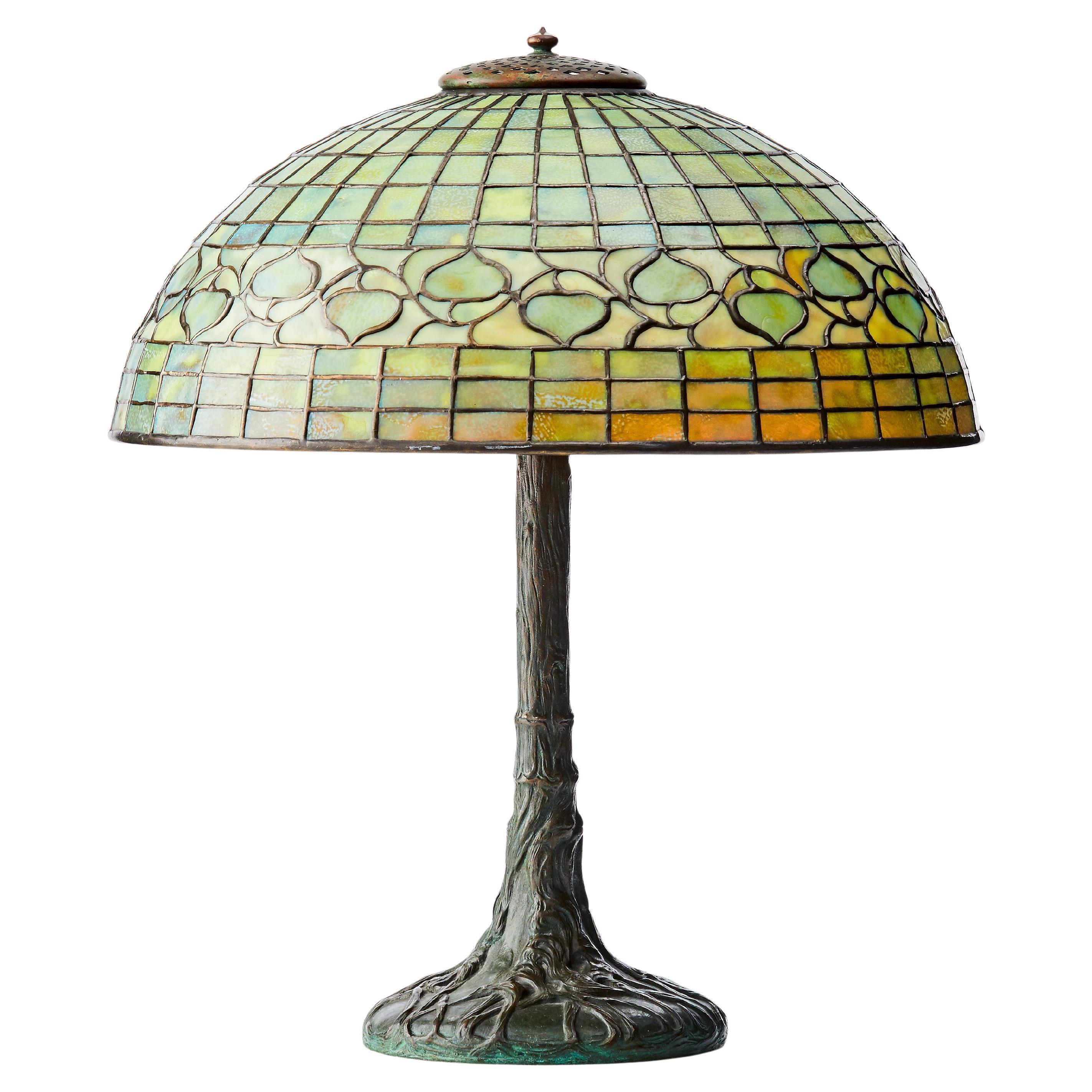 Tall, rare Tiffany Studios table lamp Vine Border, in bronze, org shade c.1910.