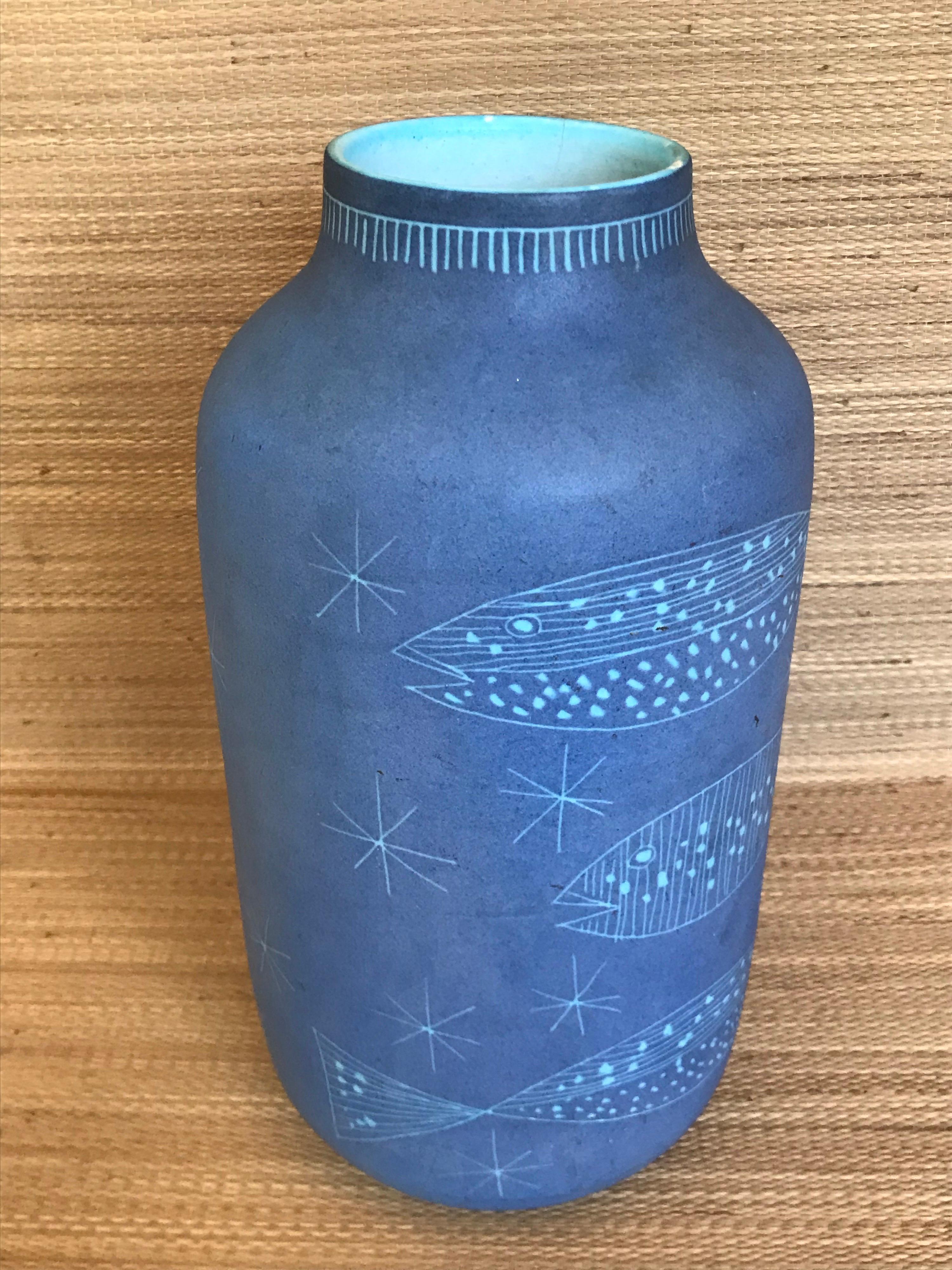 Tall Raymor Studio Pottery Vase with Sgraffito Design 2