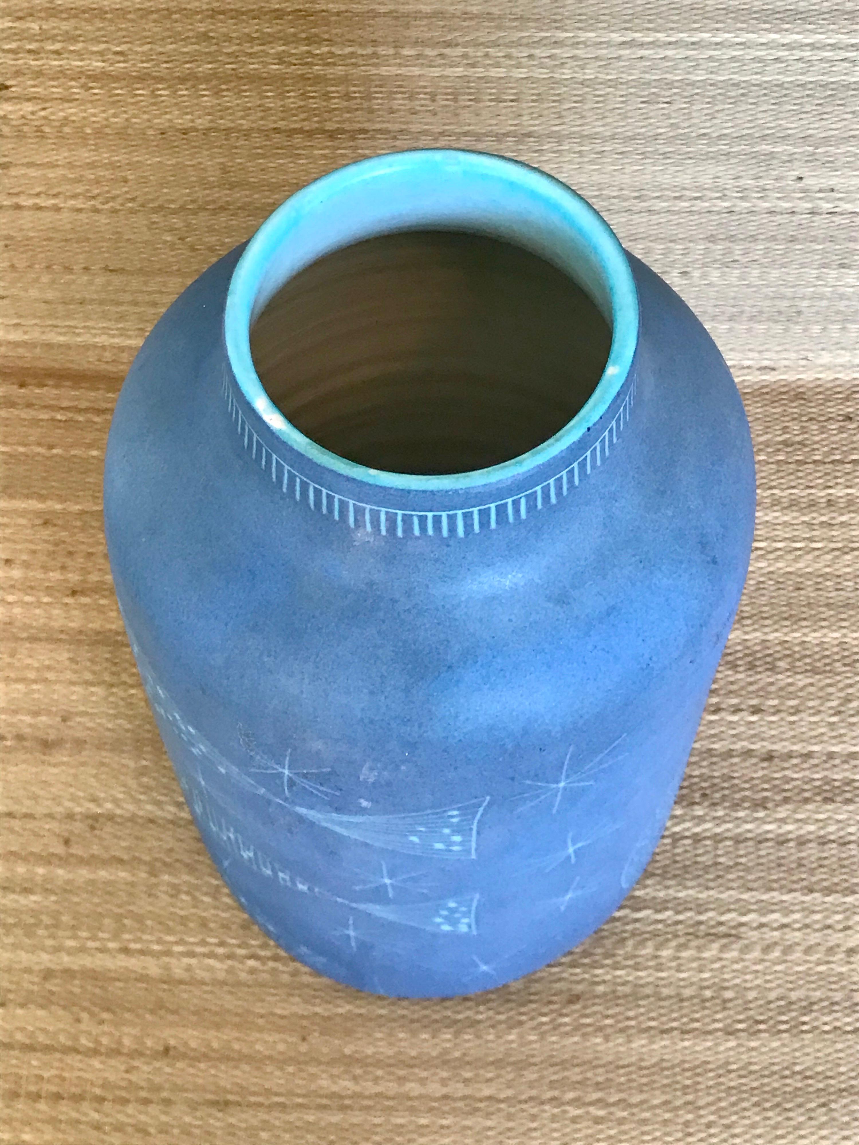 Tall Raymor Studio Pottery Vase with Sgraffito Design 7