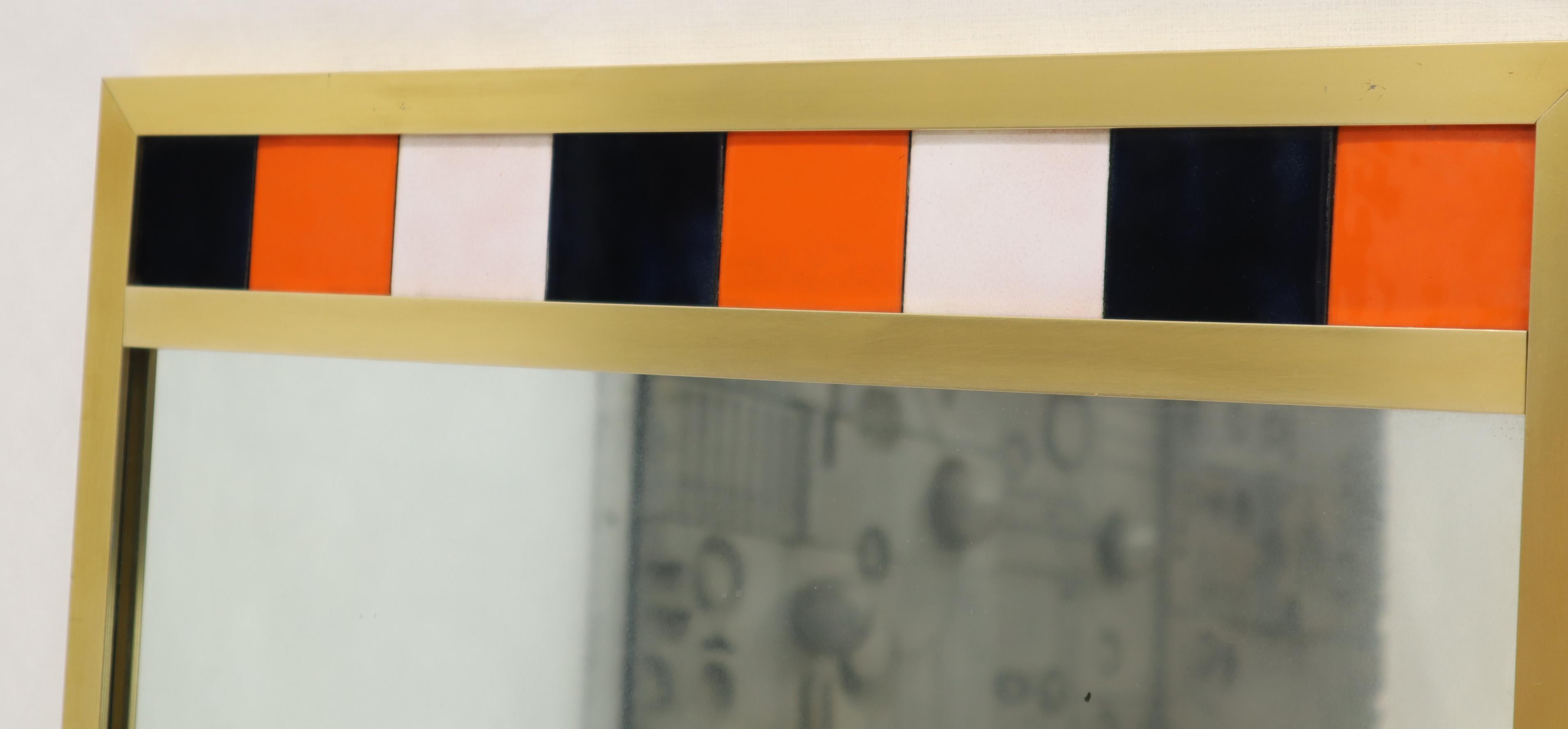 Mid-Century Modern Tall Rectangular Brass and Colored Tiles Frame Wall Hanging Mirror For Sale