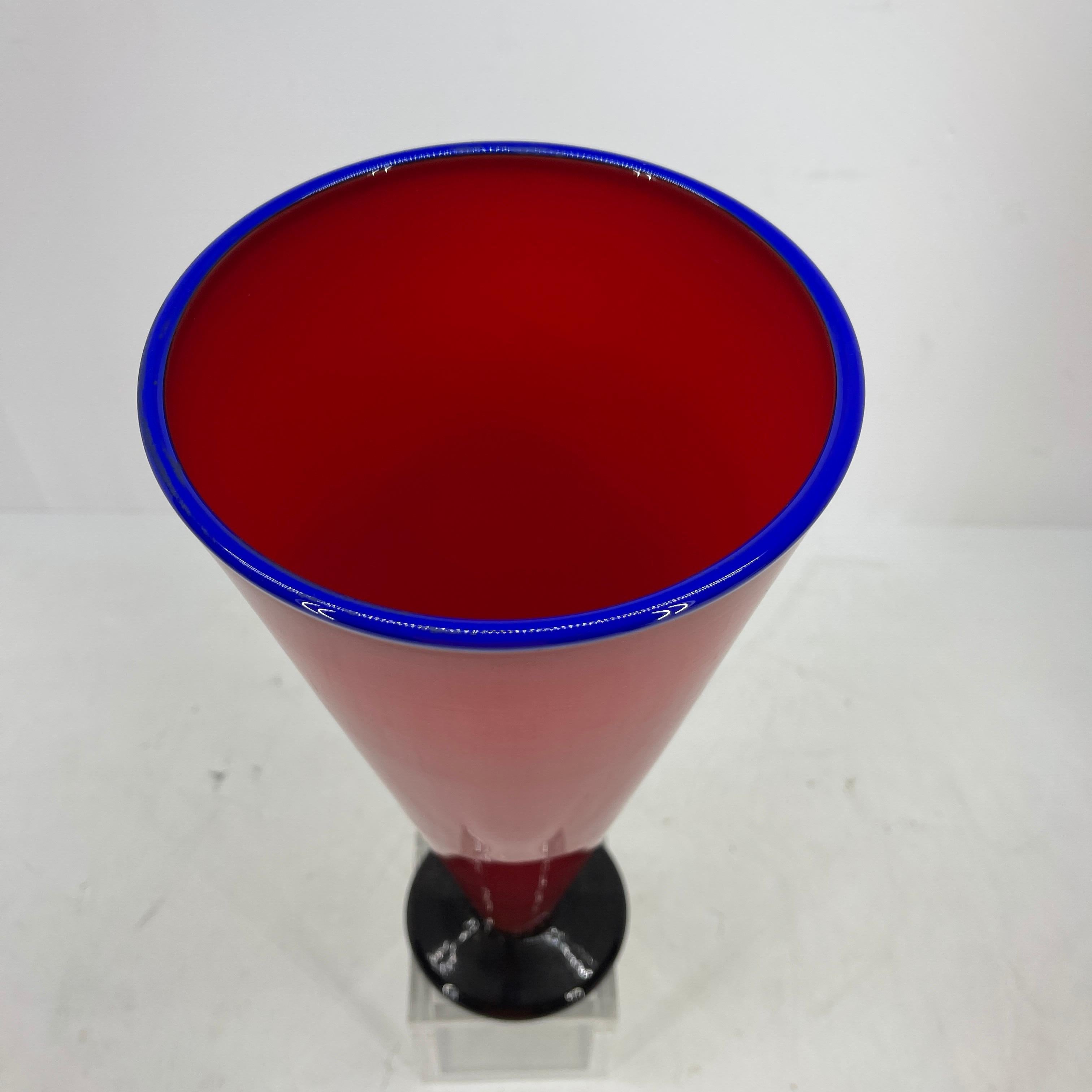 Tall Red and Blue Handblown Glass Vase, Modern For Sale 2