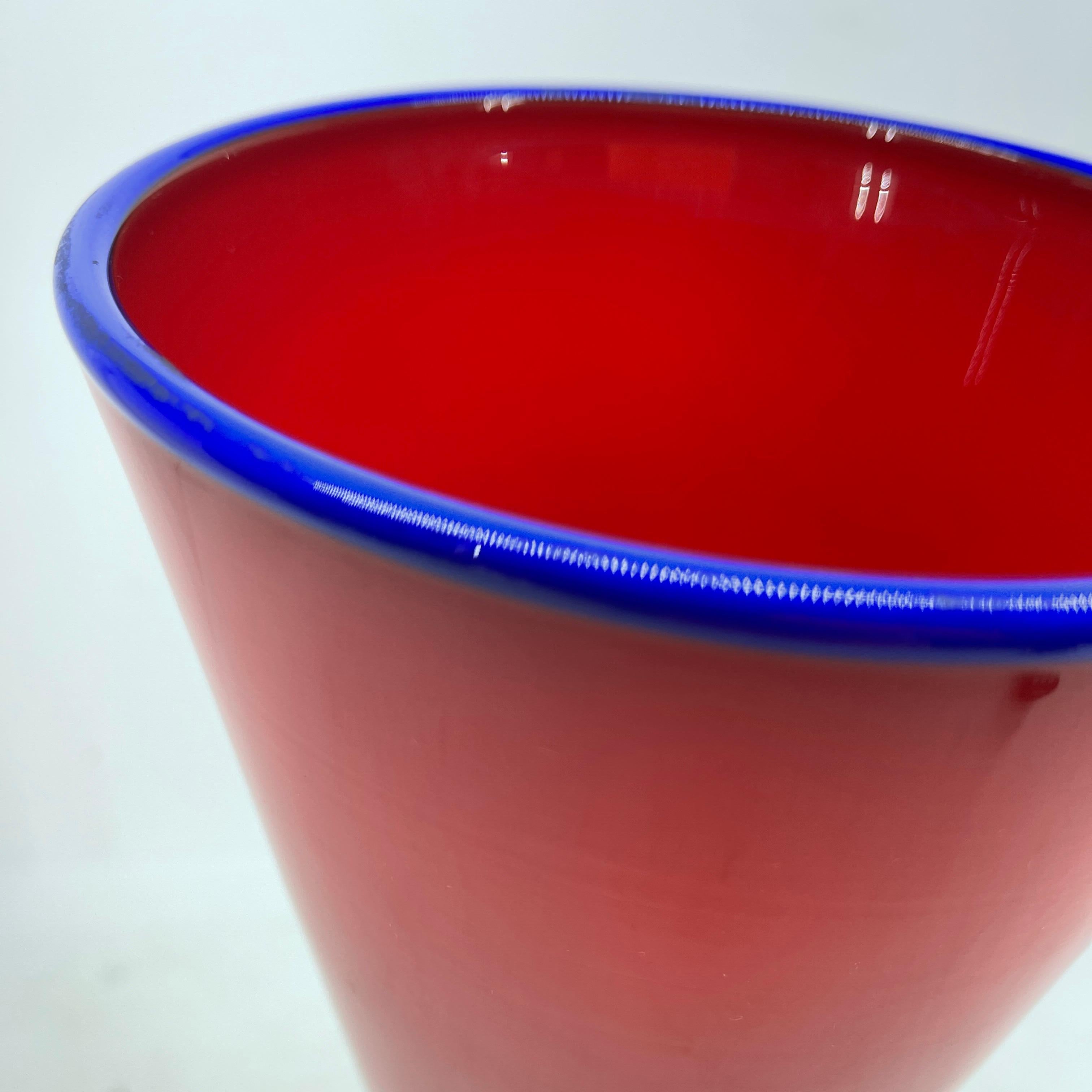 Tall Red and Blue Handblown Glass Vase, Modern For Sale 4