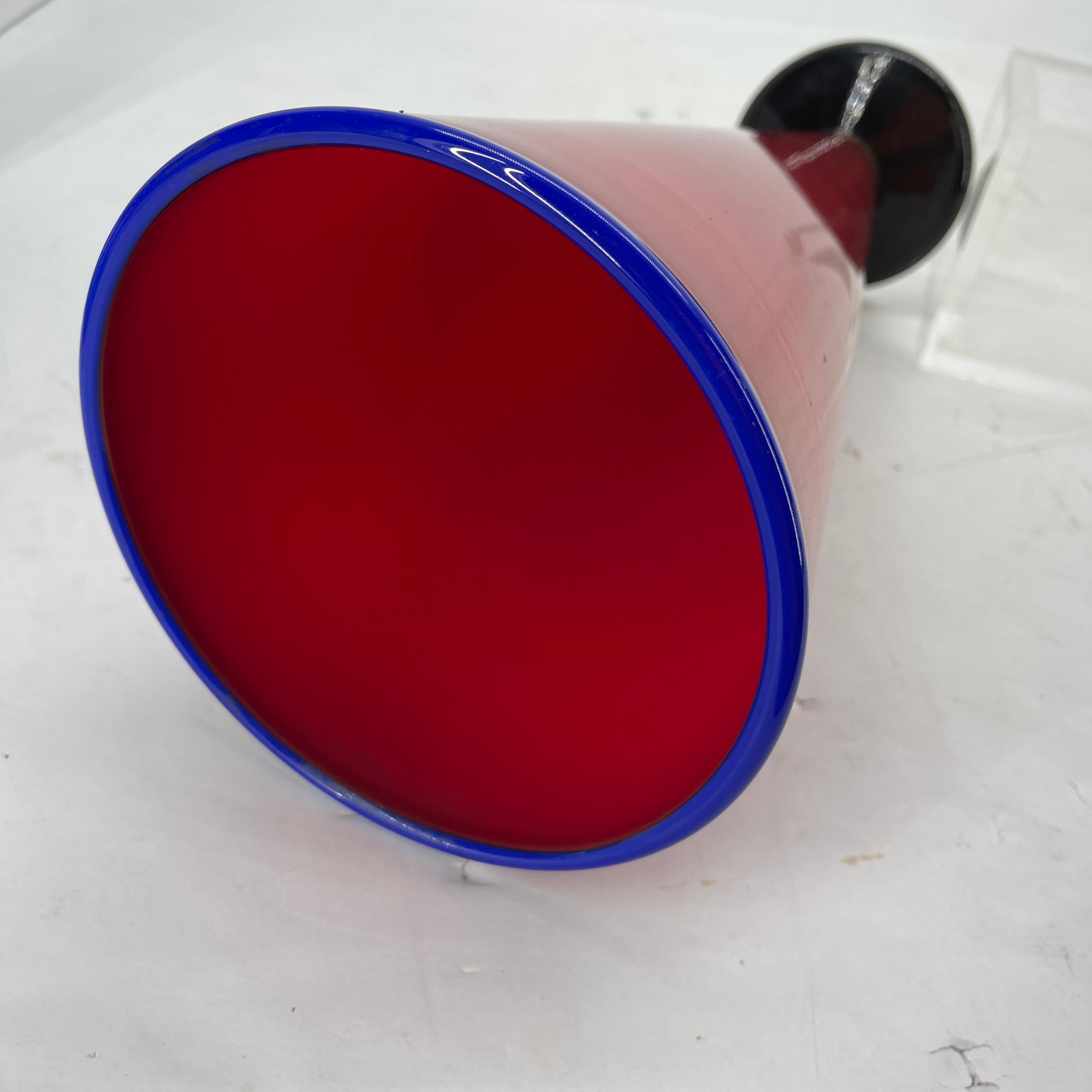 Tall Red and Blue Handblown Glass Vase, Modern For Sale 5