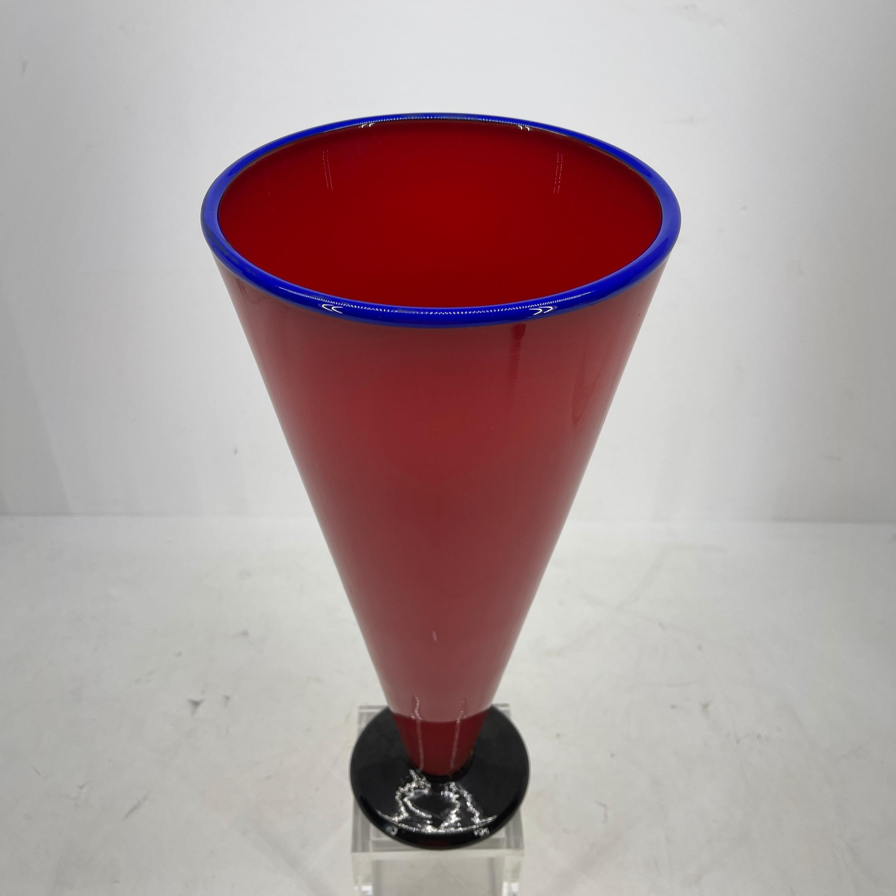Tall Red and Blue Handblown Glass Vase, Modern For Sale 1