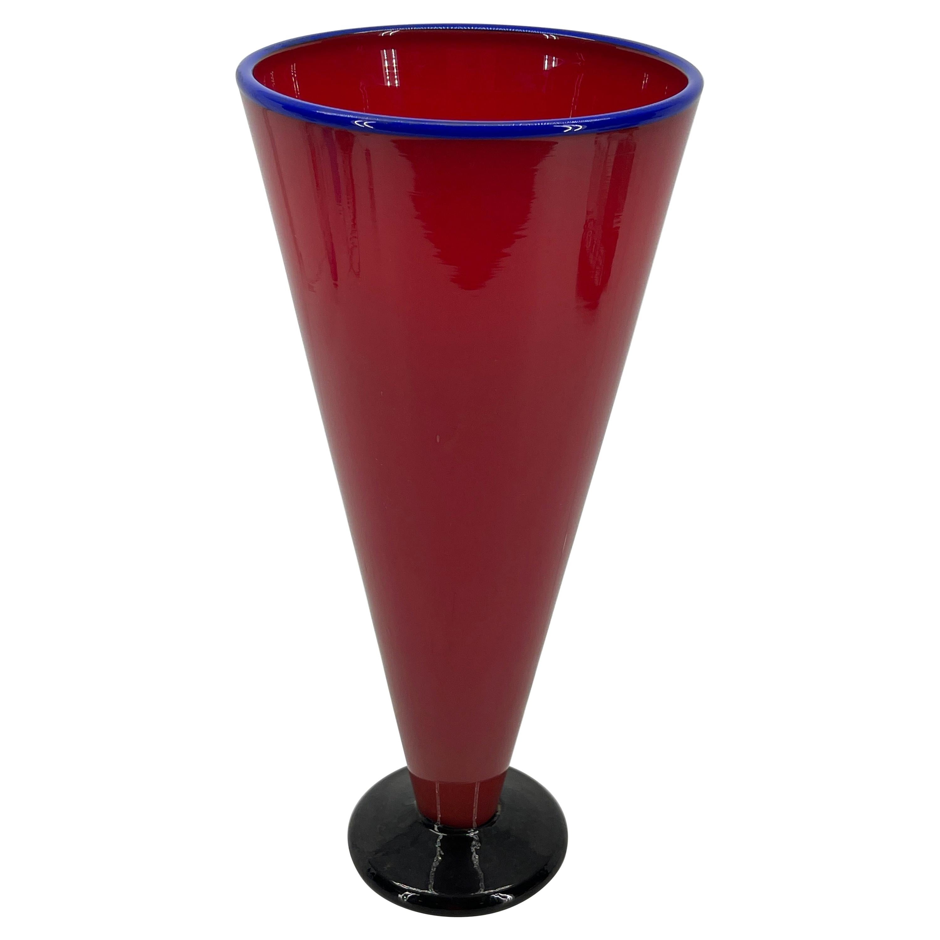 Tall Red and Blue Handblown Glass Vase, Modern
