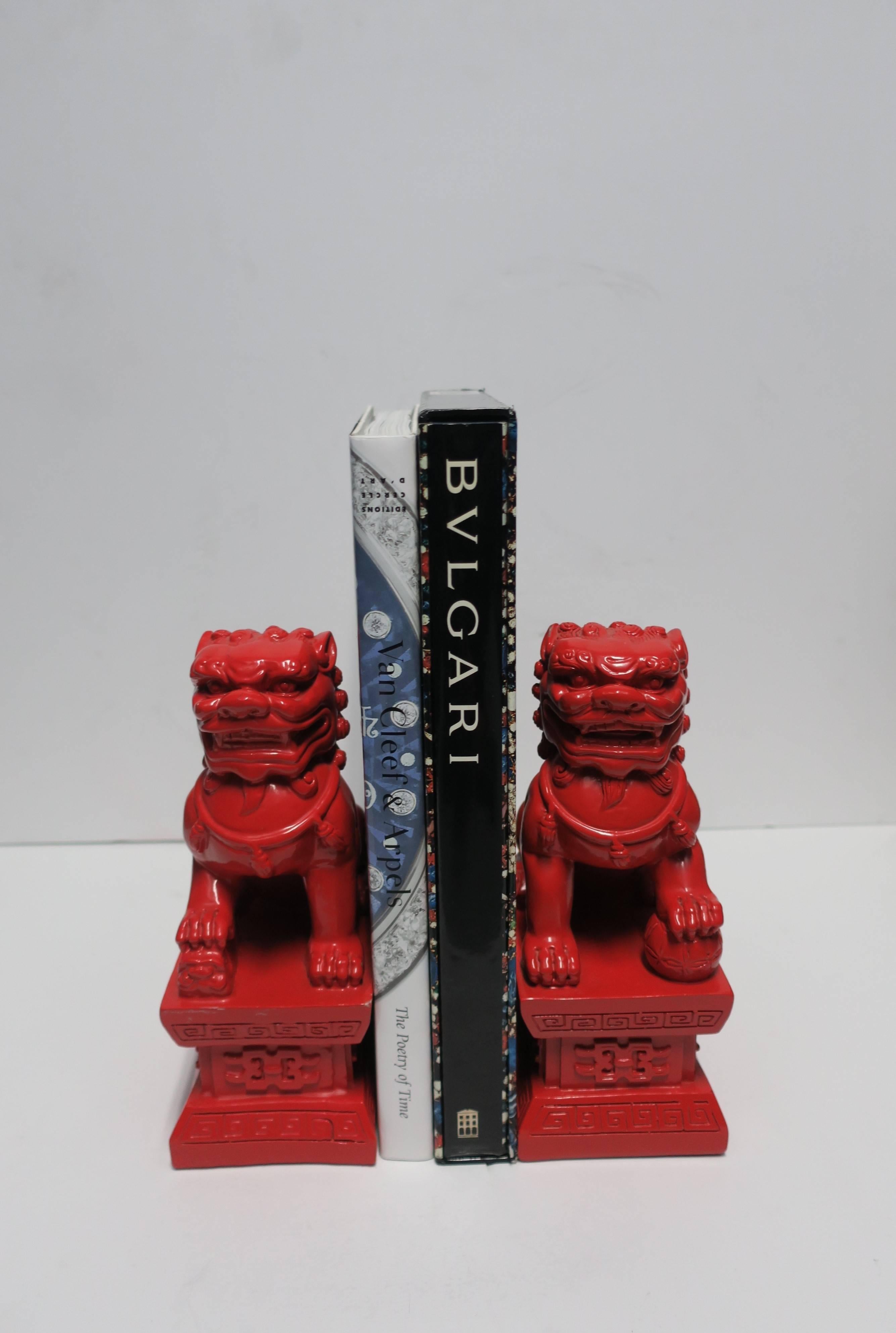 Wood Pair of Red Foo Dogs or Lions Bookends or Decorative Objects