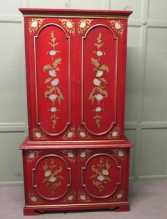 Tall Red Lacquer Cabinet with Interior Drawers and Shelves
