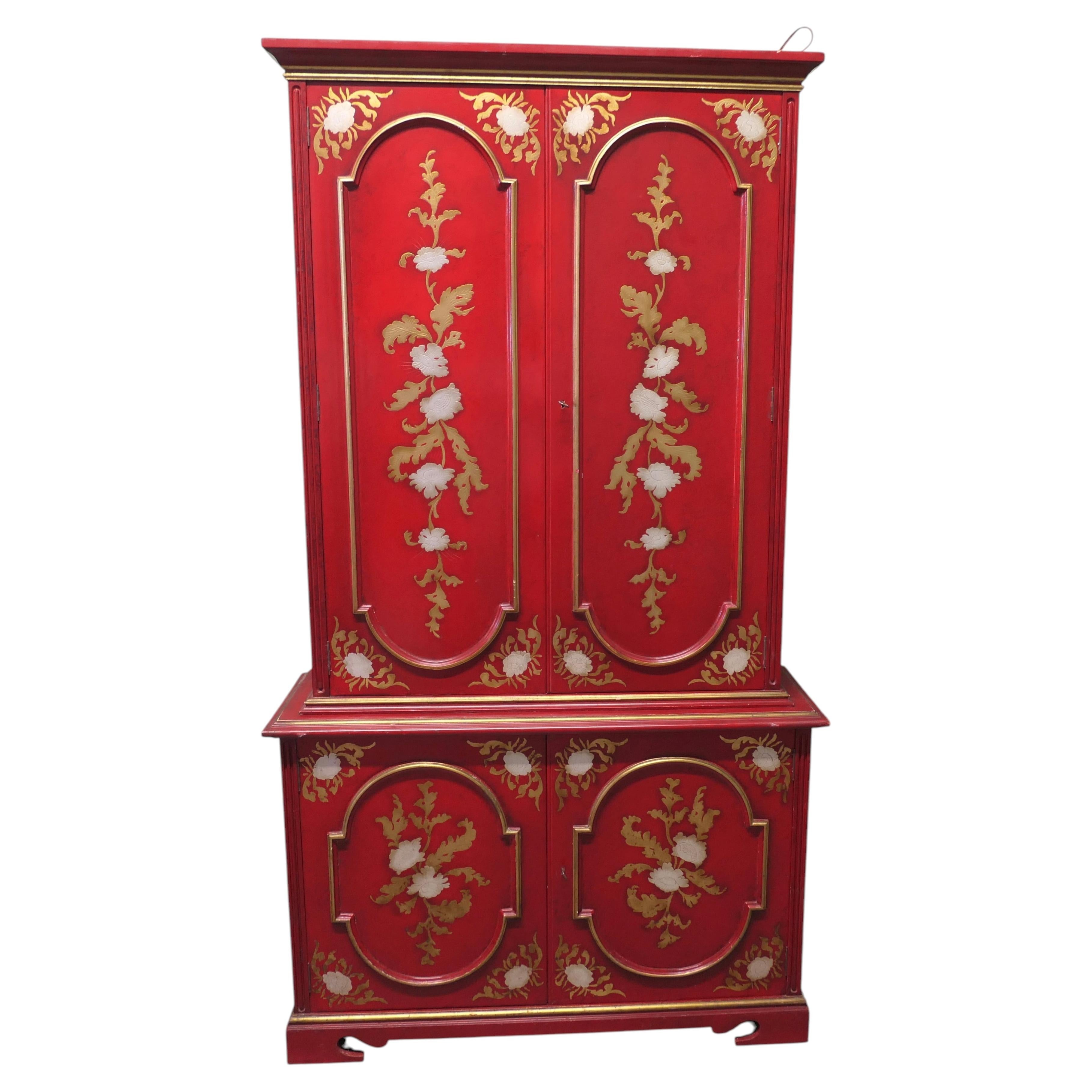 Tall Red Lacquer Cabinet with Interior Drawers and Shelves For Sale