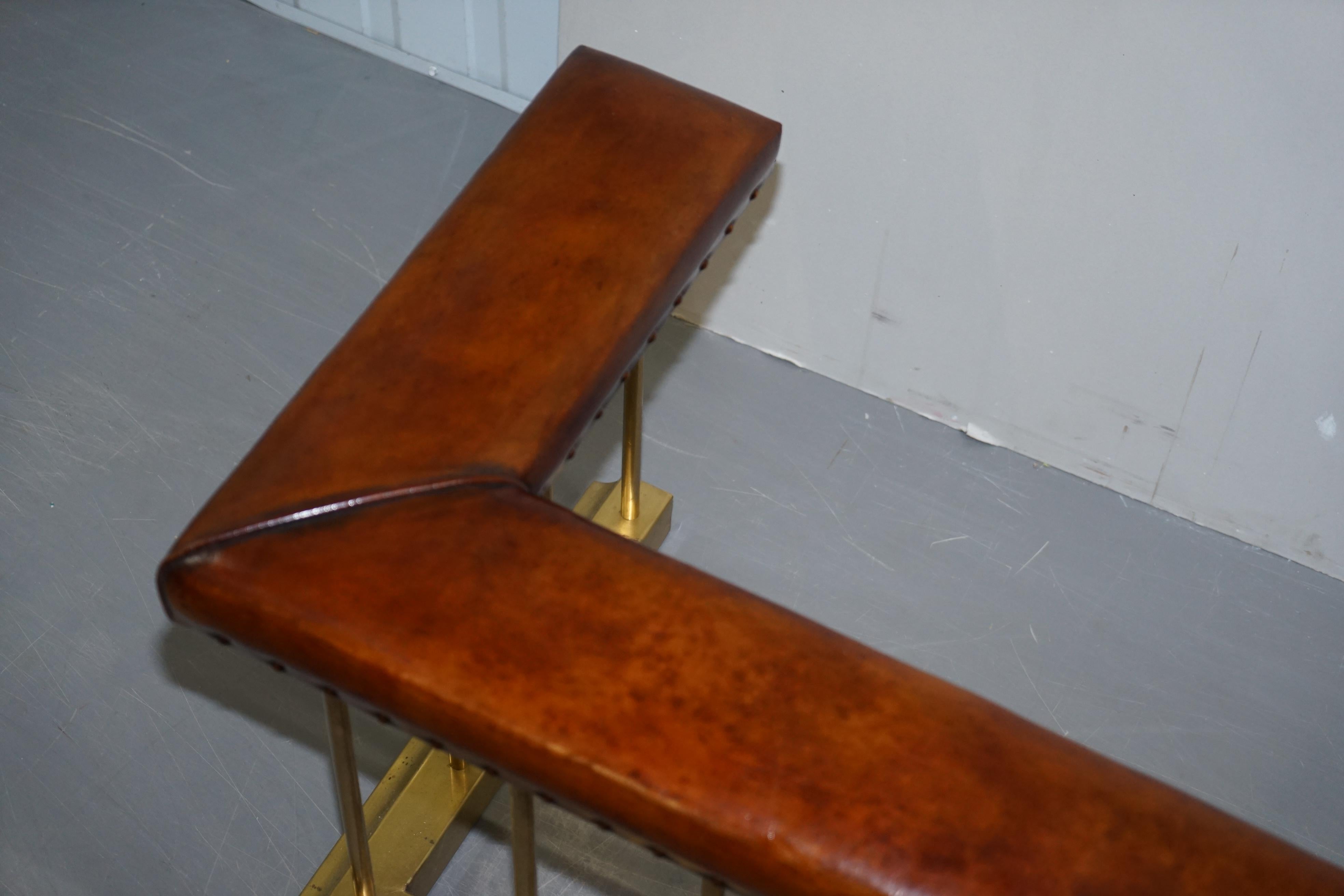 Tall Restored Victorian Brass Brown Leather Fireplace Club Fender Bench Seat 5