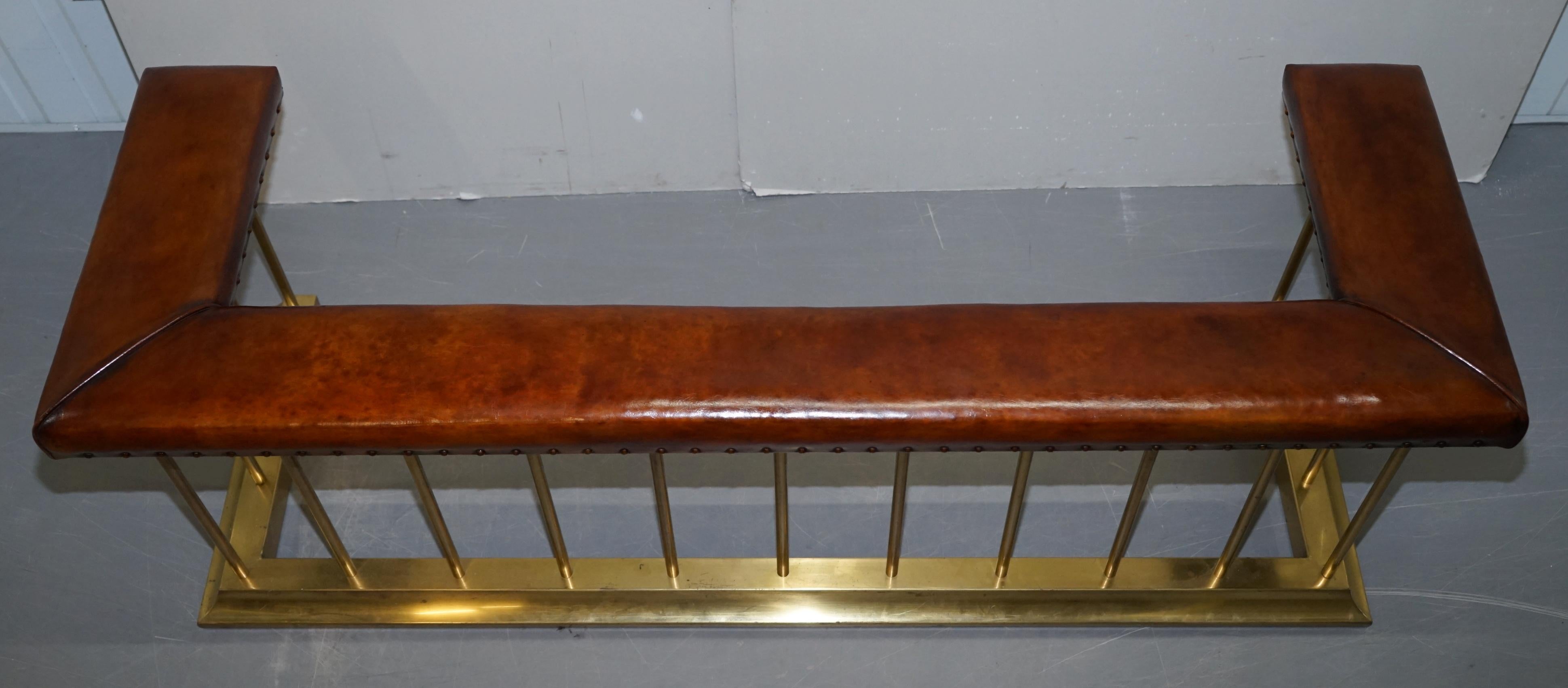 Tall Restored Victorian Brass Brown Leather Fireplace Club Fender Bench Seat 9