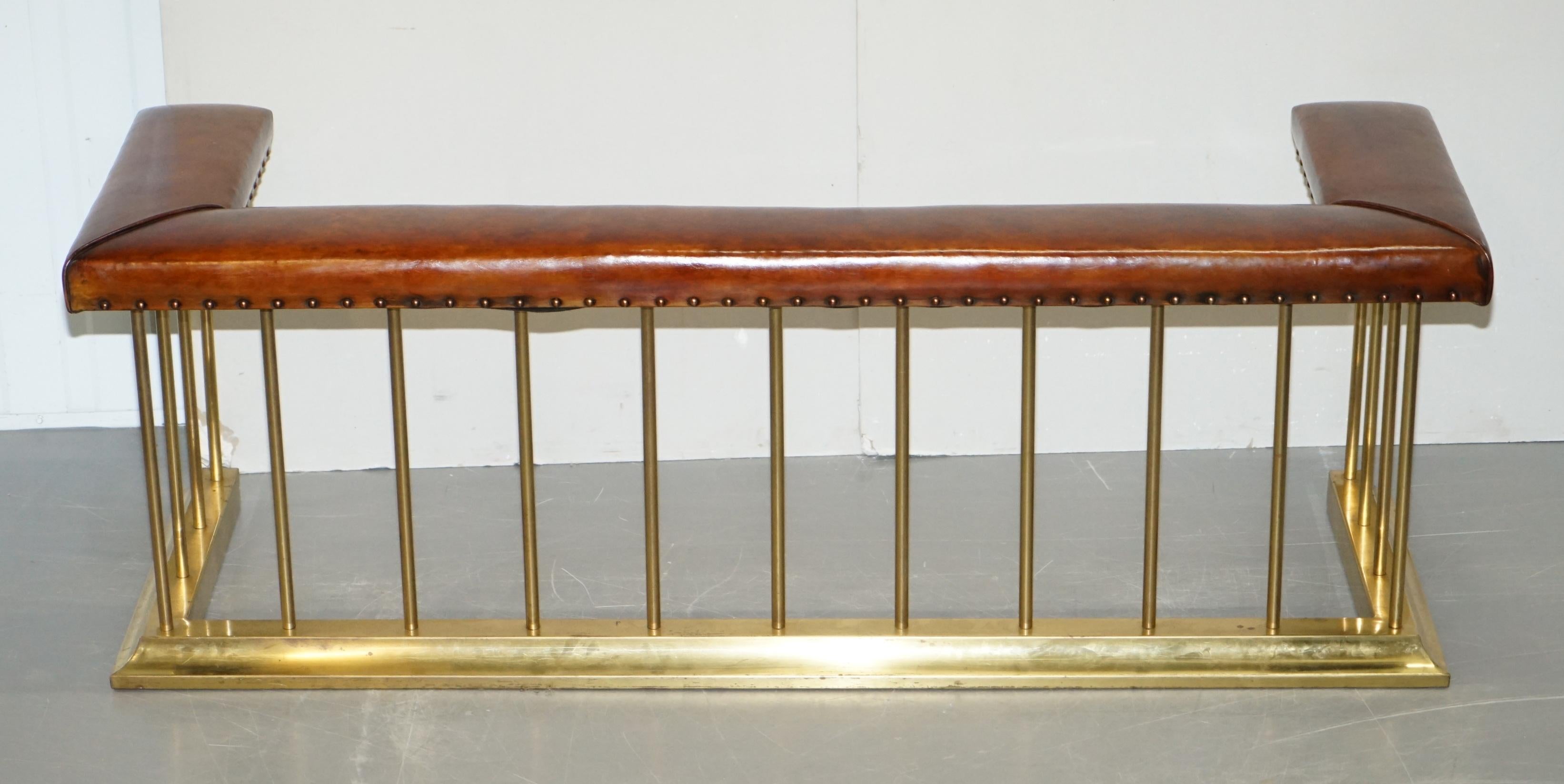 English Tall Restored Victorian Brass Brown Leather Fireplace Club Fender Bench Seat
