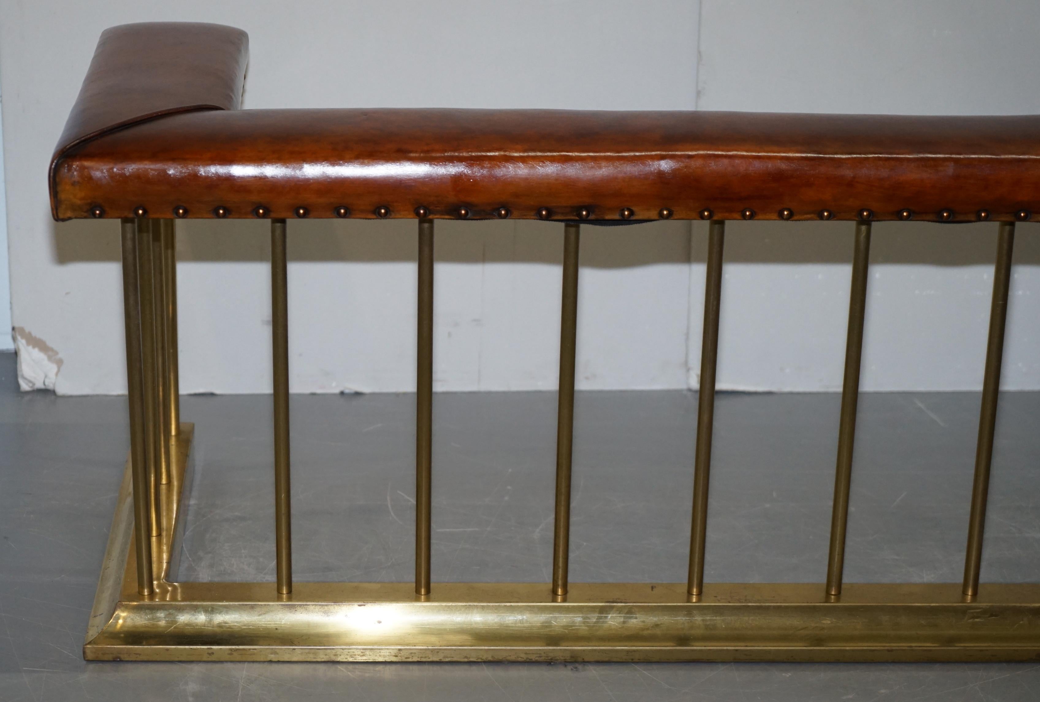19th Century Tall Restored Victorian Brass Brown Leather Fireplace Club Fender Bench Seat