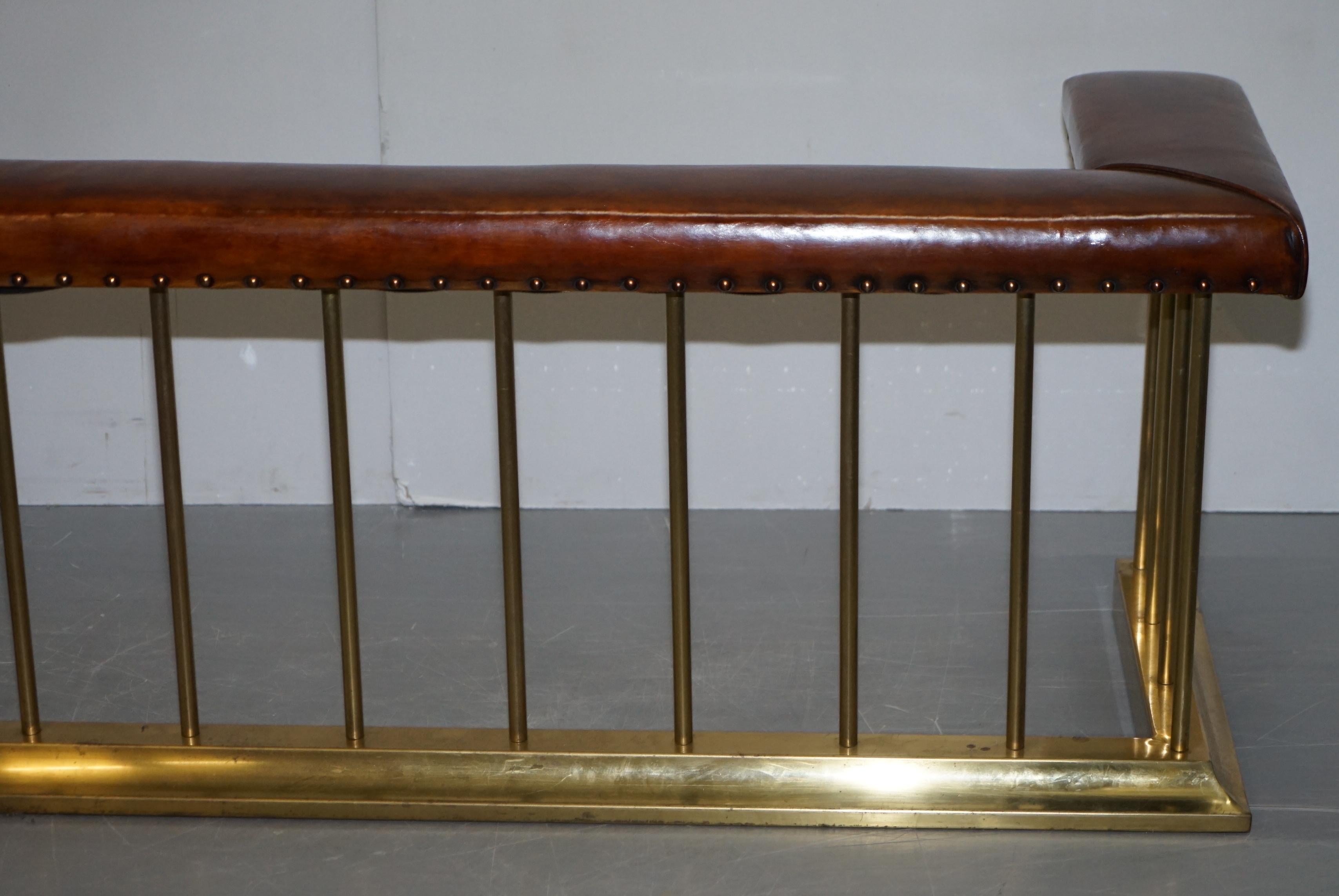 Tall Restored Victorian Brass Brown Leather Fireplace Club Fender Bench Seat 1