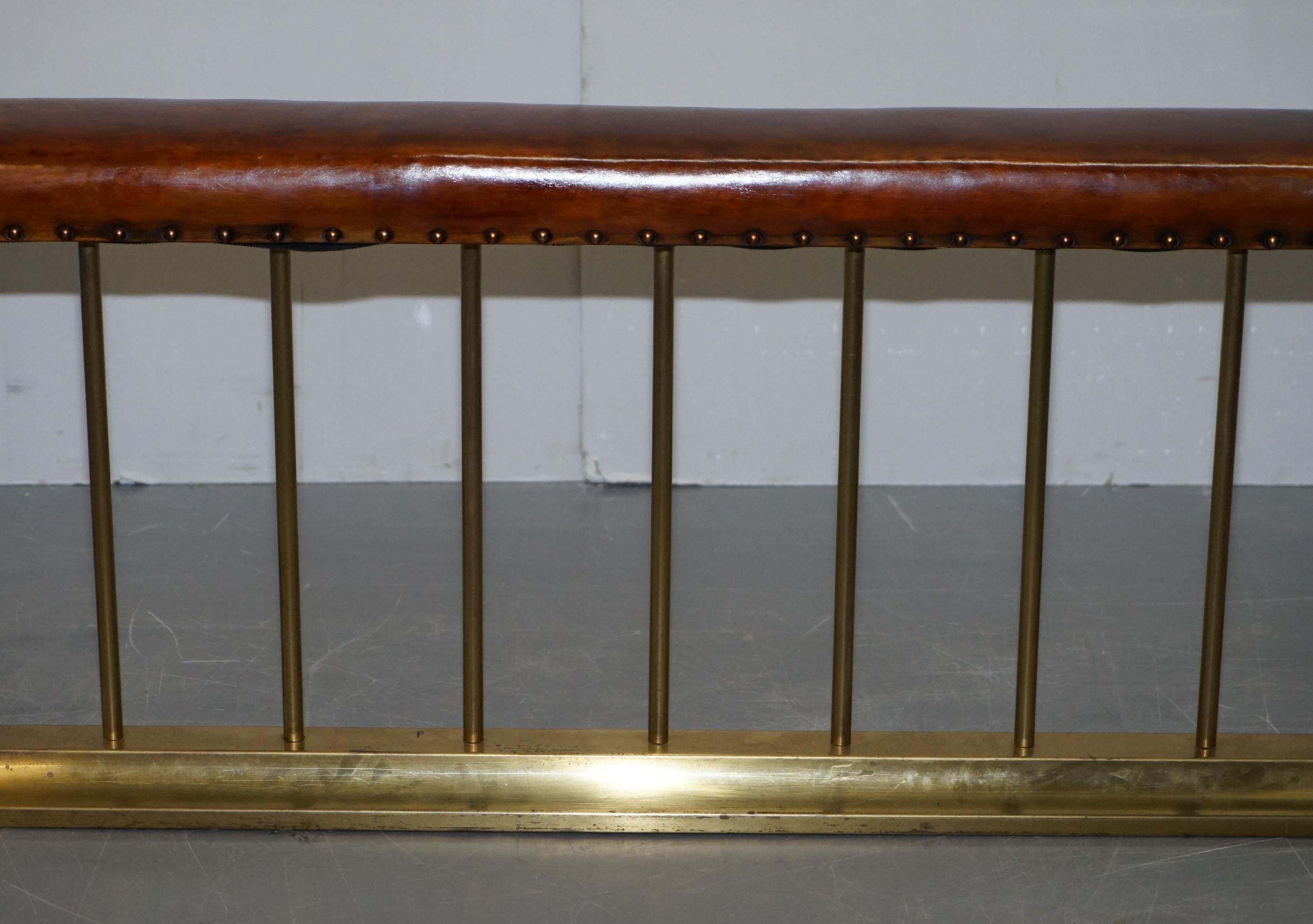 Tall Restored Victorian Brass Brown Leather Fireplace Club Fender Bench Seat 2