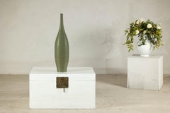 Tall Ribbed Artisan Ceramic Vase with Green Glaze and Narrow Neck